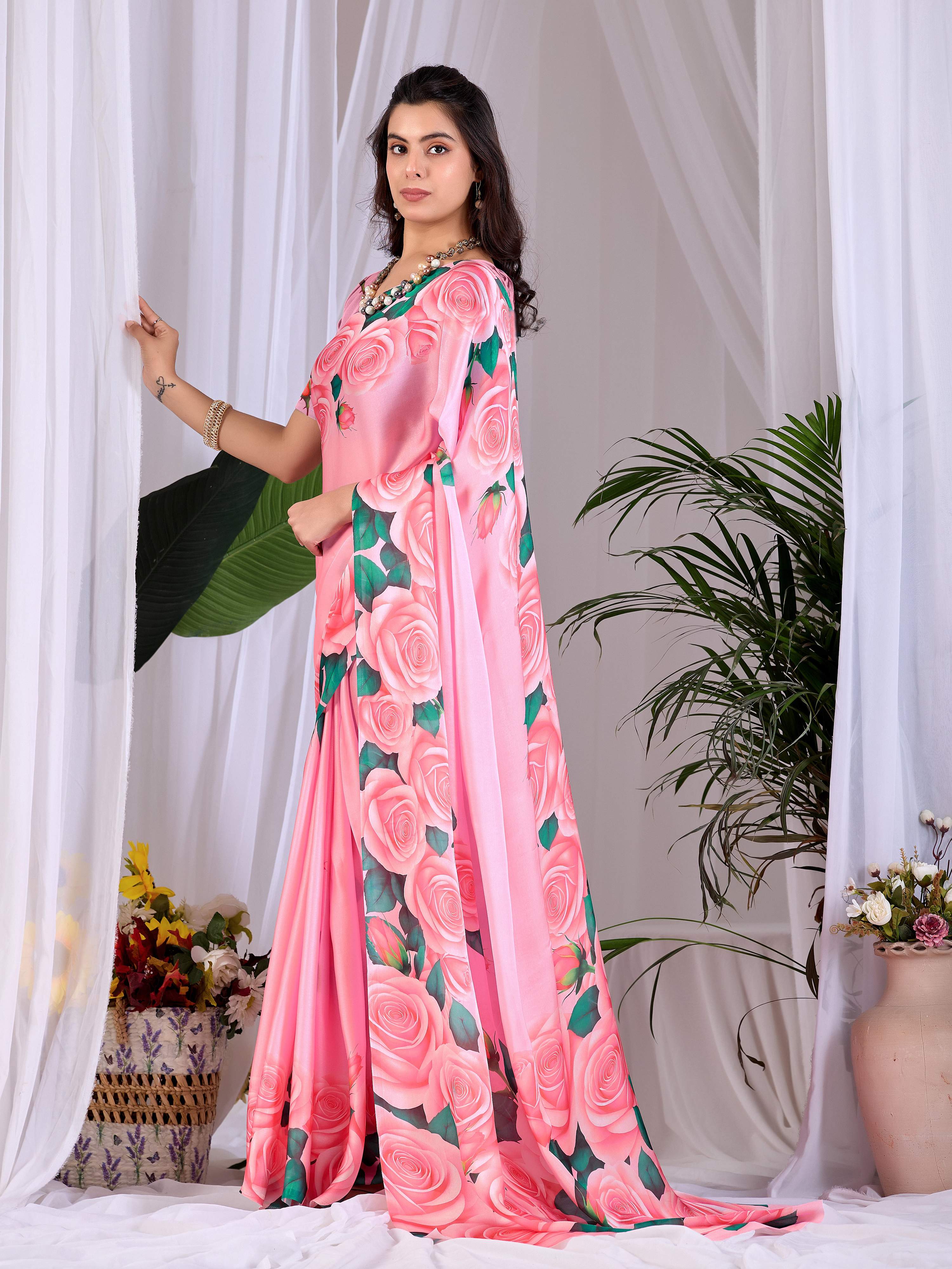 Pink soft satin floral digital print saree with matching pink blouse