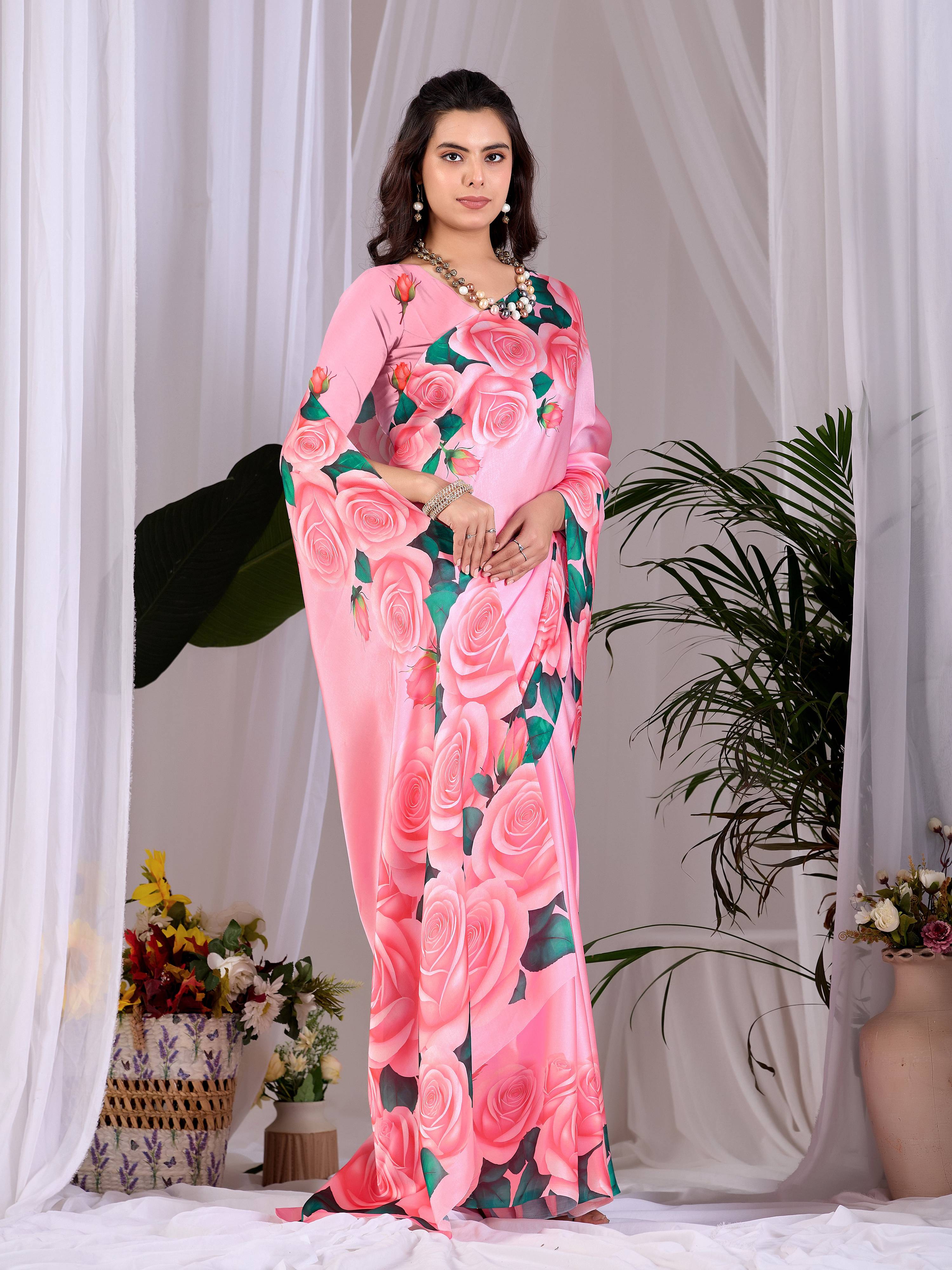 Pink Soft Satin Floral Digital Print Saree with Pink Blouse