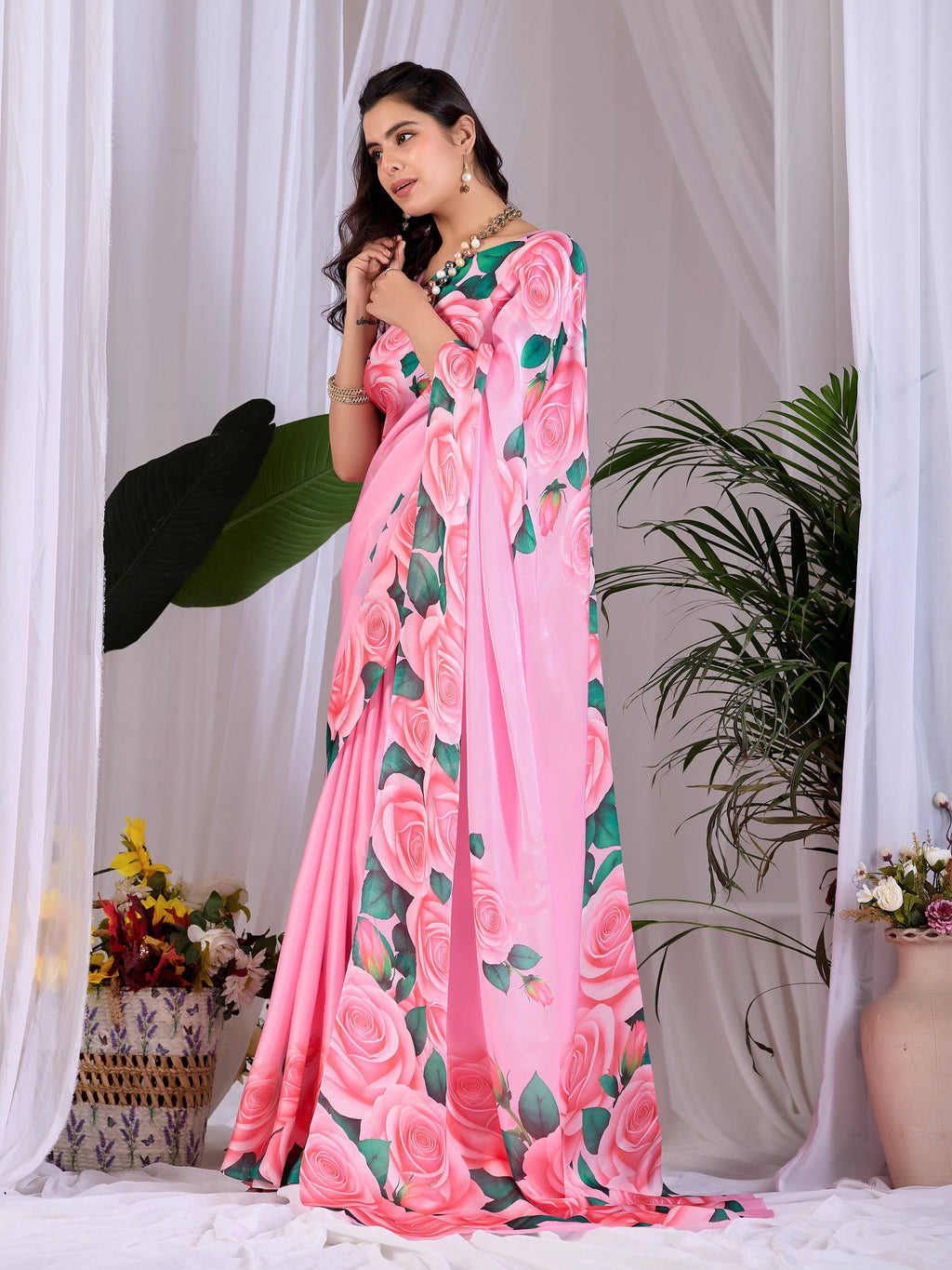 Pink Soft Satin Floral Digital Print Saree with Pink Blouse