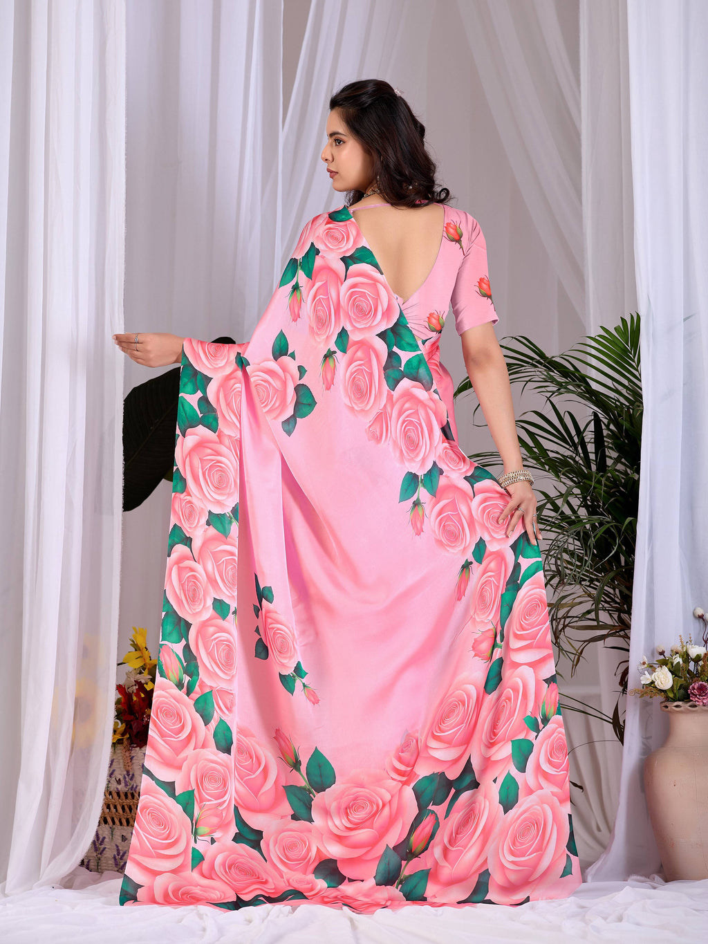 Pink Soft Satin Floral Digital Print Saree with Pink Blouse
