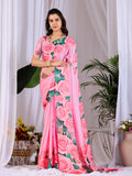 Pink Soft Satin Floral Digital Print Saree with Pink Blouse