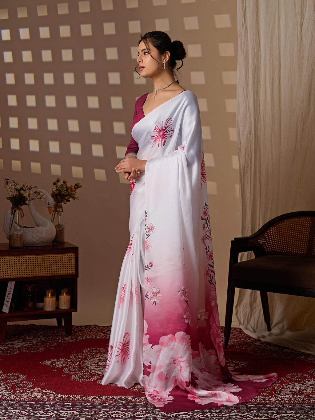 White Soft Satin Floral Print Saree with Magenta Blouse Piece