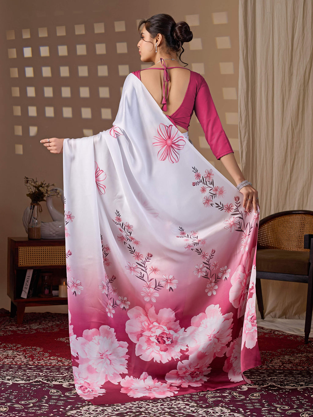White Soft Satin Floral Print Saree with Magenta Blouse Piece