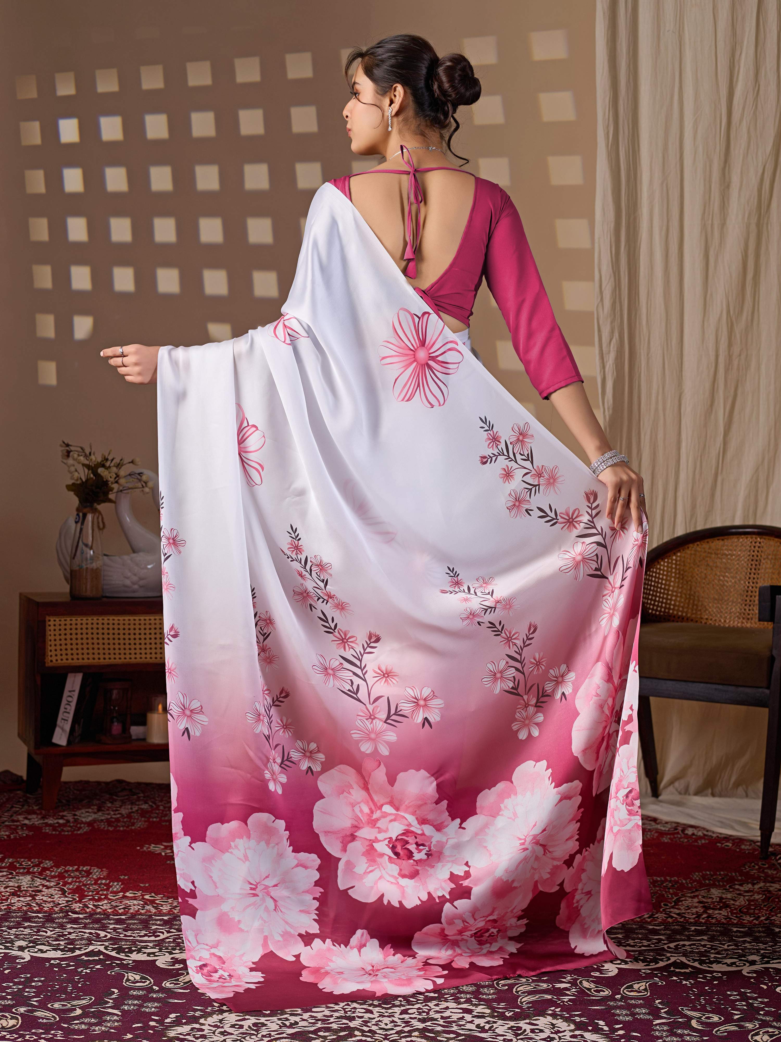 White Soft Satin Floral Print Saree with Magenta Blouse Piece