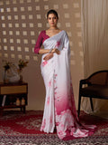 White Soft Satin Floral Print Saree with Magenta Blouse Piece