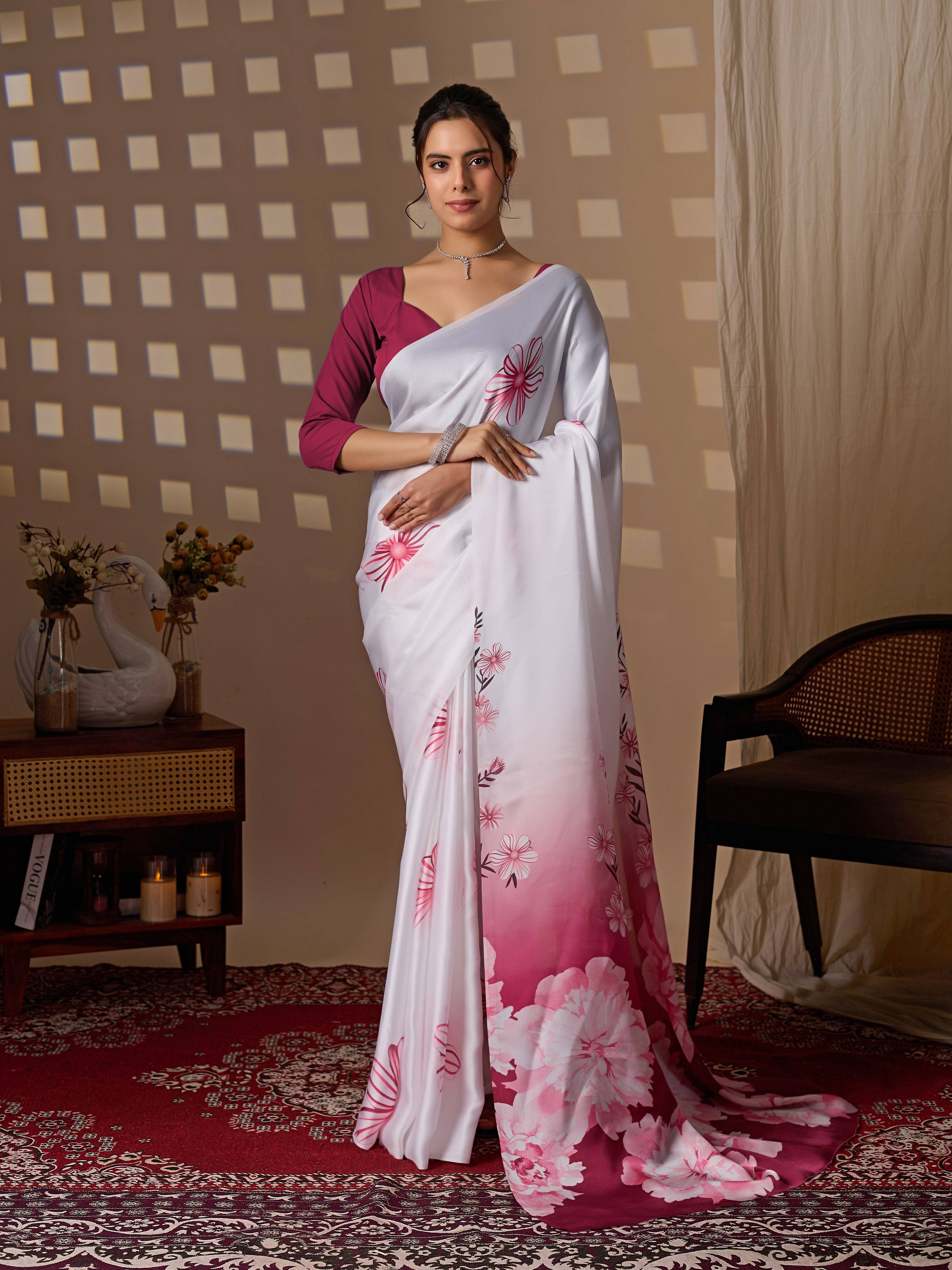 White Soft Satin Floral Print Saree with Magenta Blouse Piece