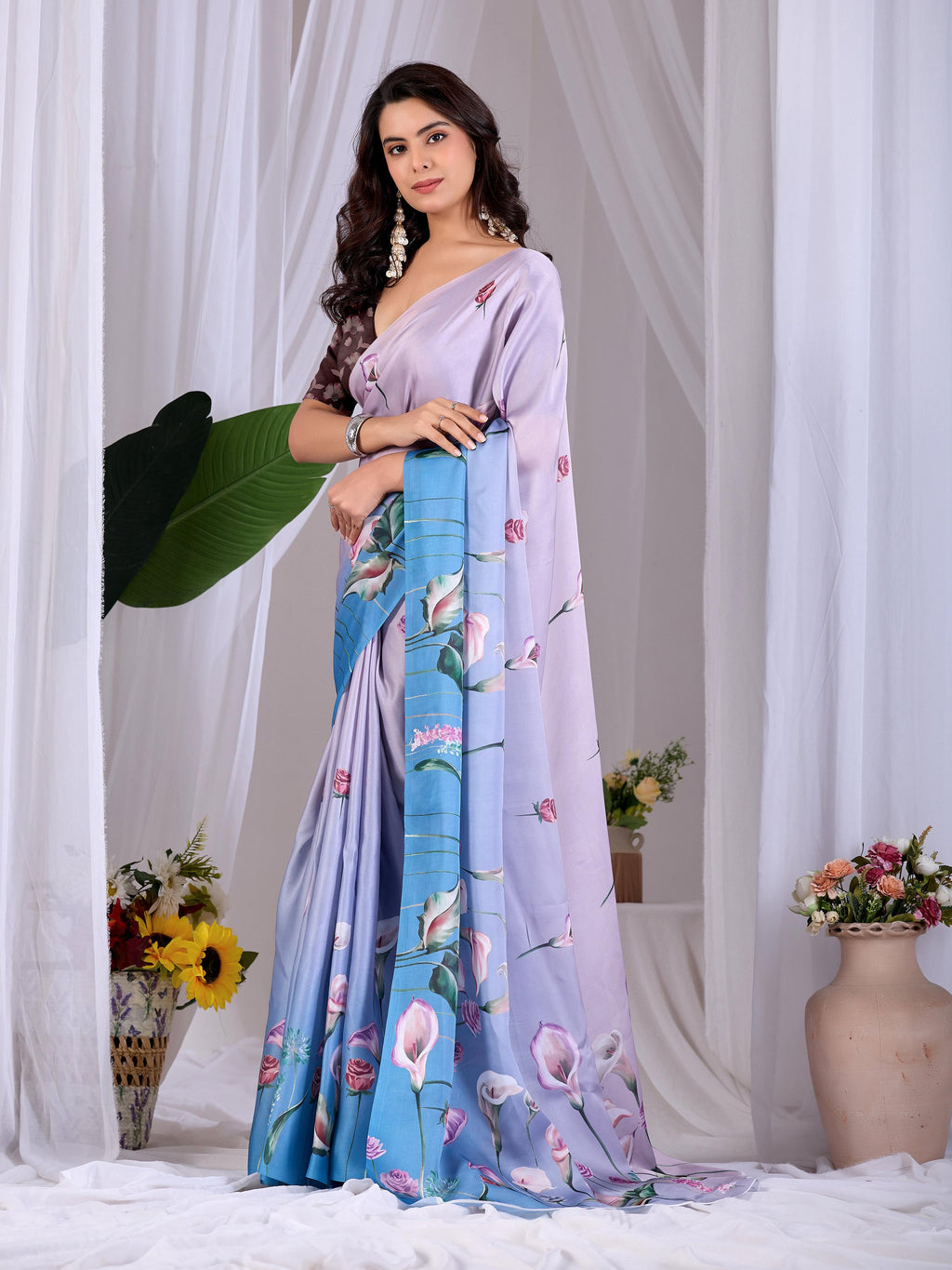 Lavender Soft Satin Floral Digital Print Saree with Brown Blouse