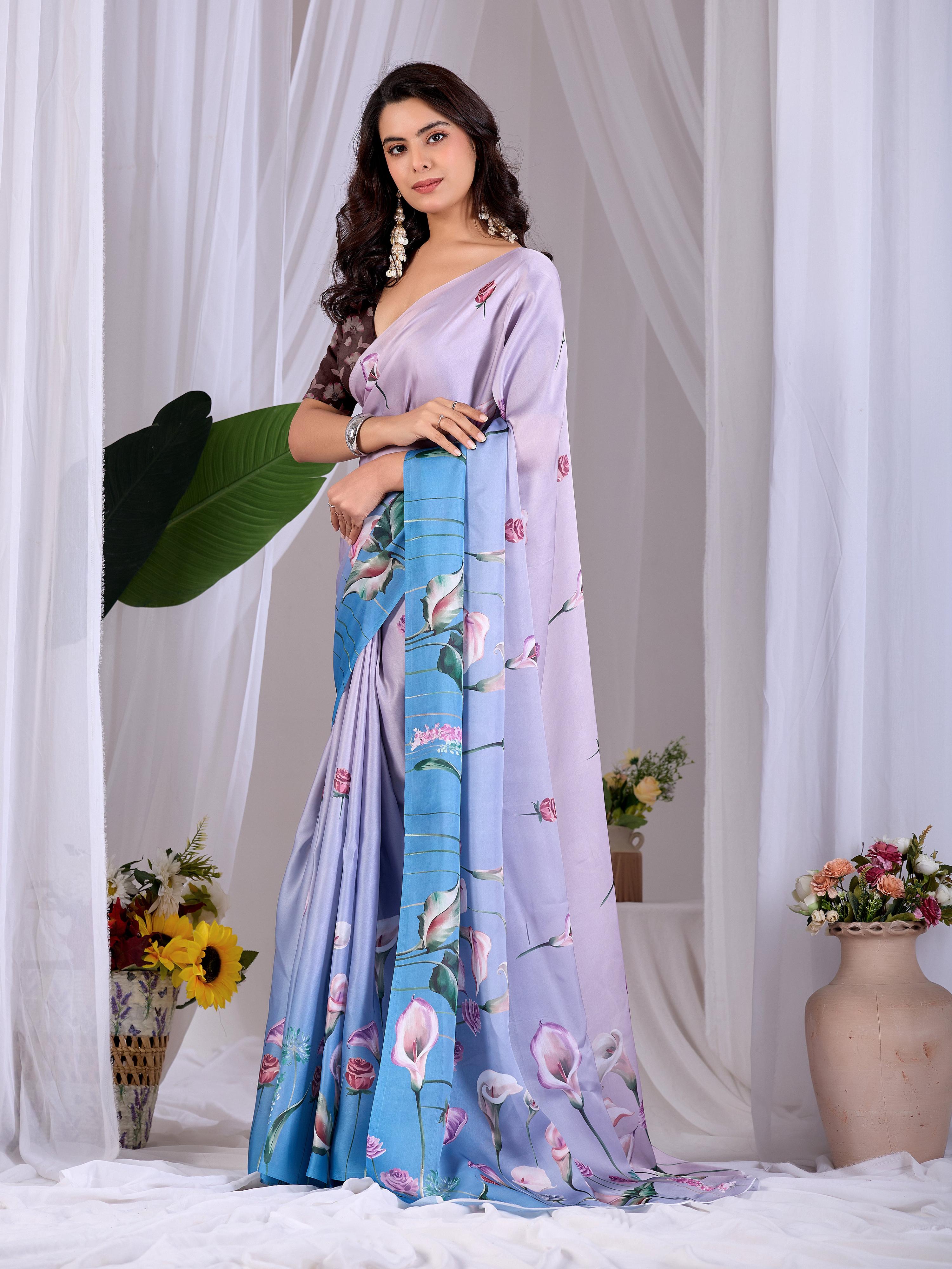 Lavender Soft Satin Floral Digital Print Saree with Brown Blouse