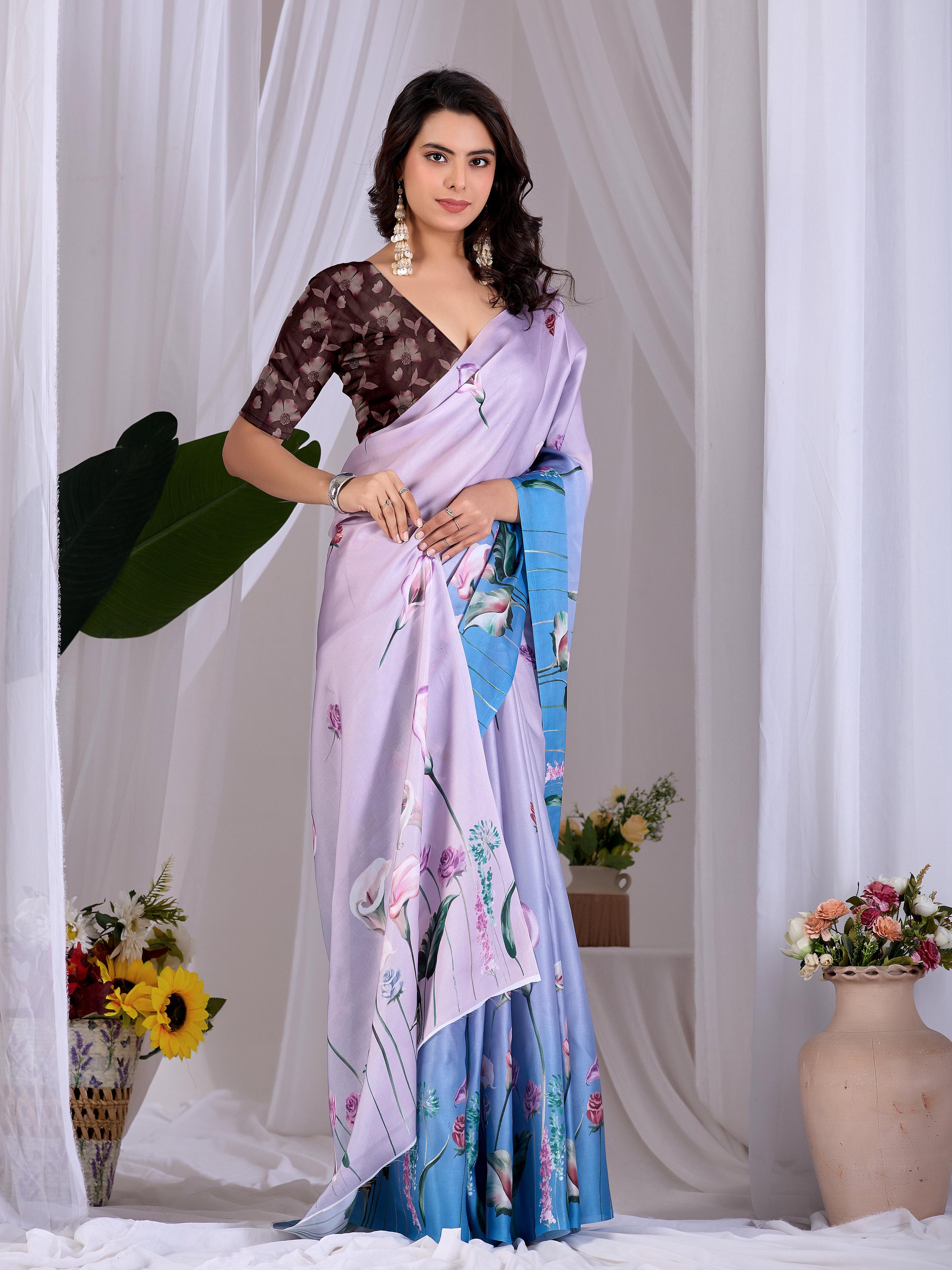 Lavender Soft Satin Floral Digital Print Saree with Brown Blouse