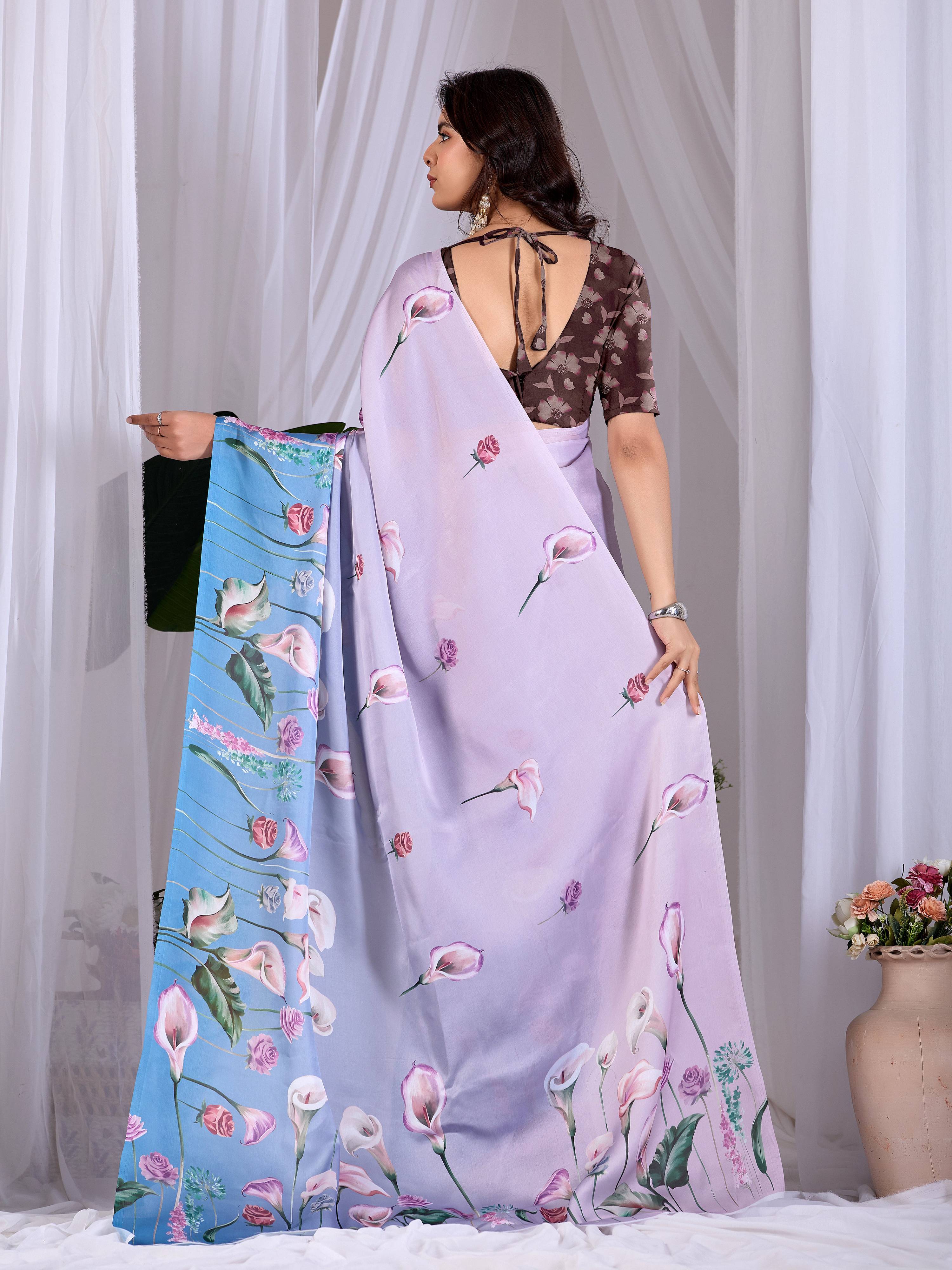 Lavender Soft Satin Floral Digital Print Saree with Brown Blouse