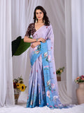 A beautiful Lavender Soft Satin saree featuring a vibrant floral digital print with a matching brown blouse.