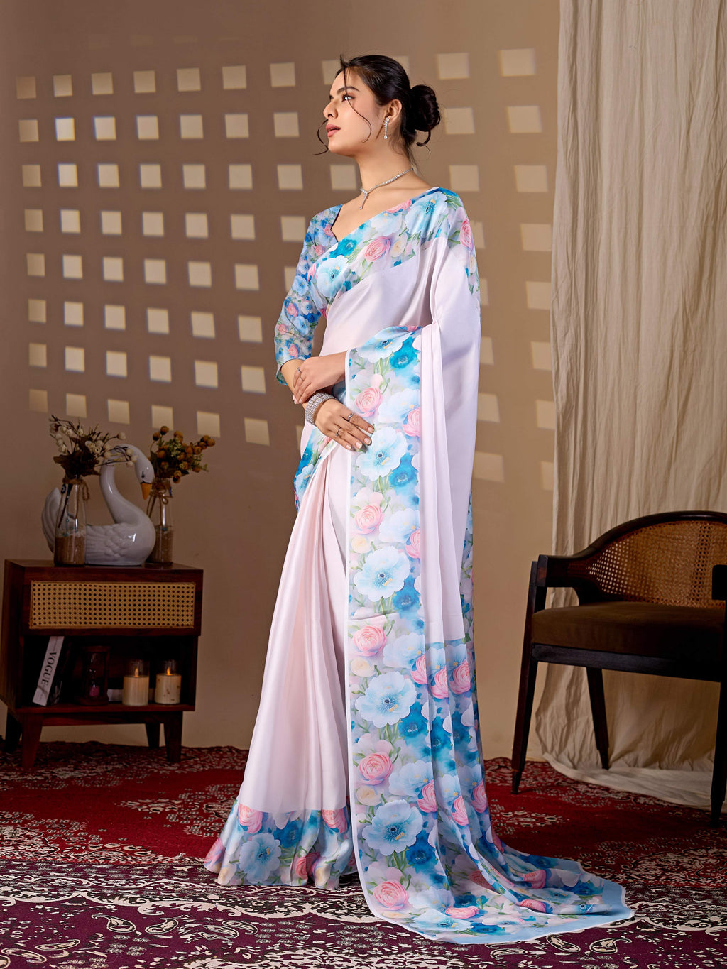 Light Pink Soft Satin Floral Digital Print Saree with Matching Blouse