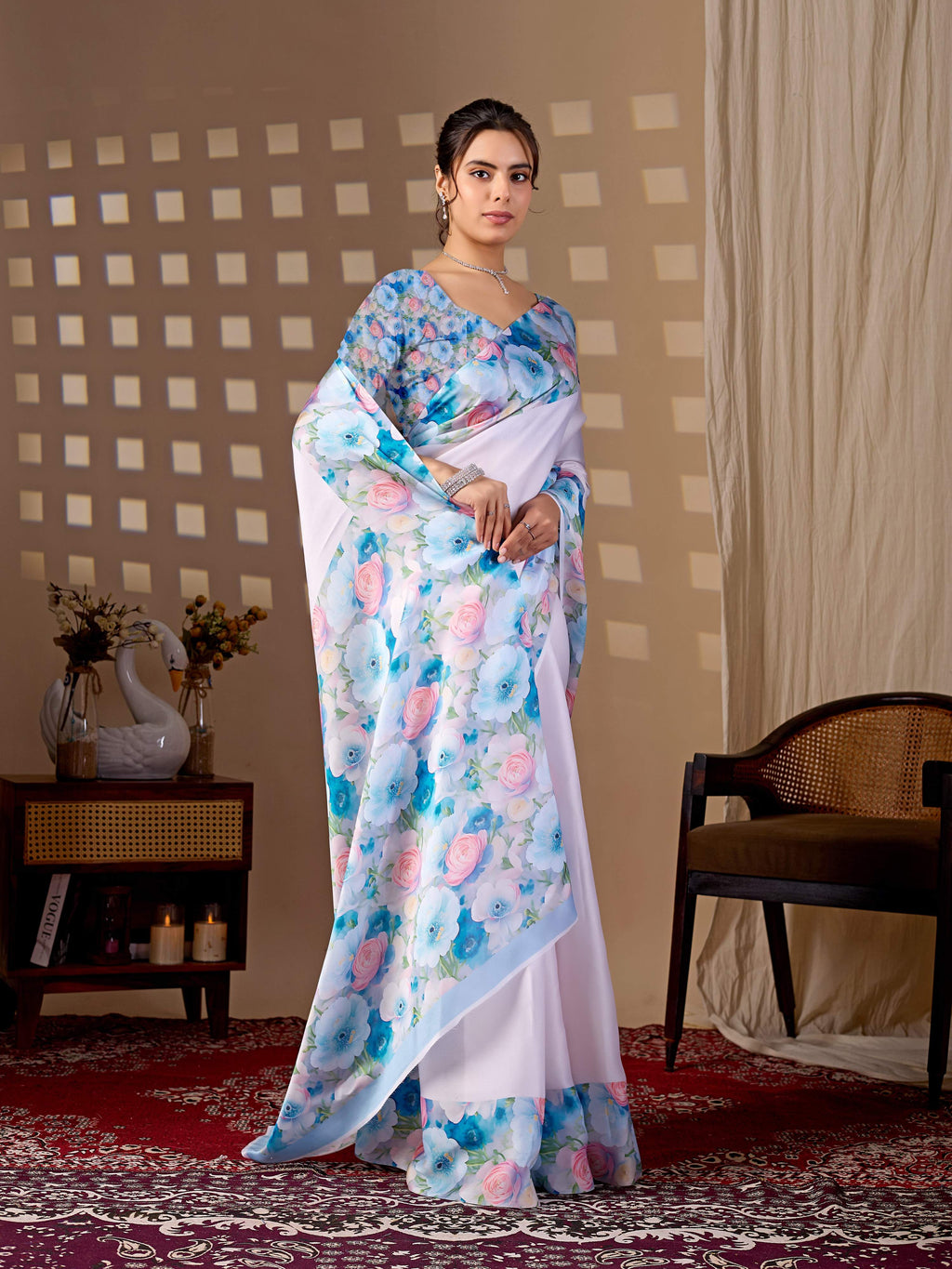 Light Pink Soft Satin Floral Digital Print Saree with Matching Blouse