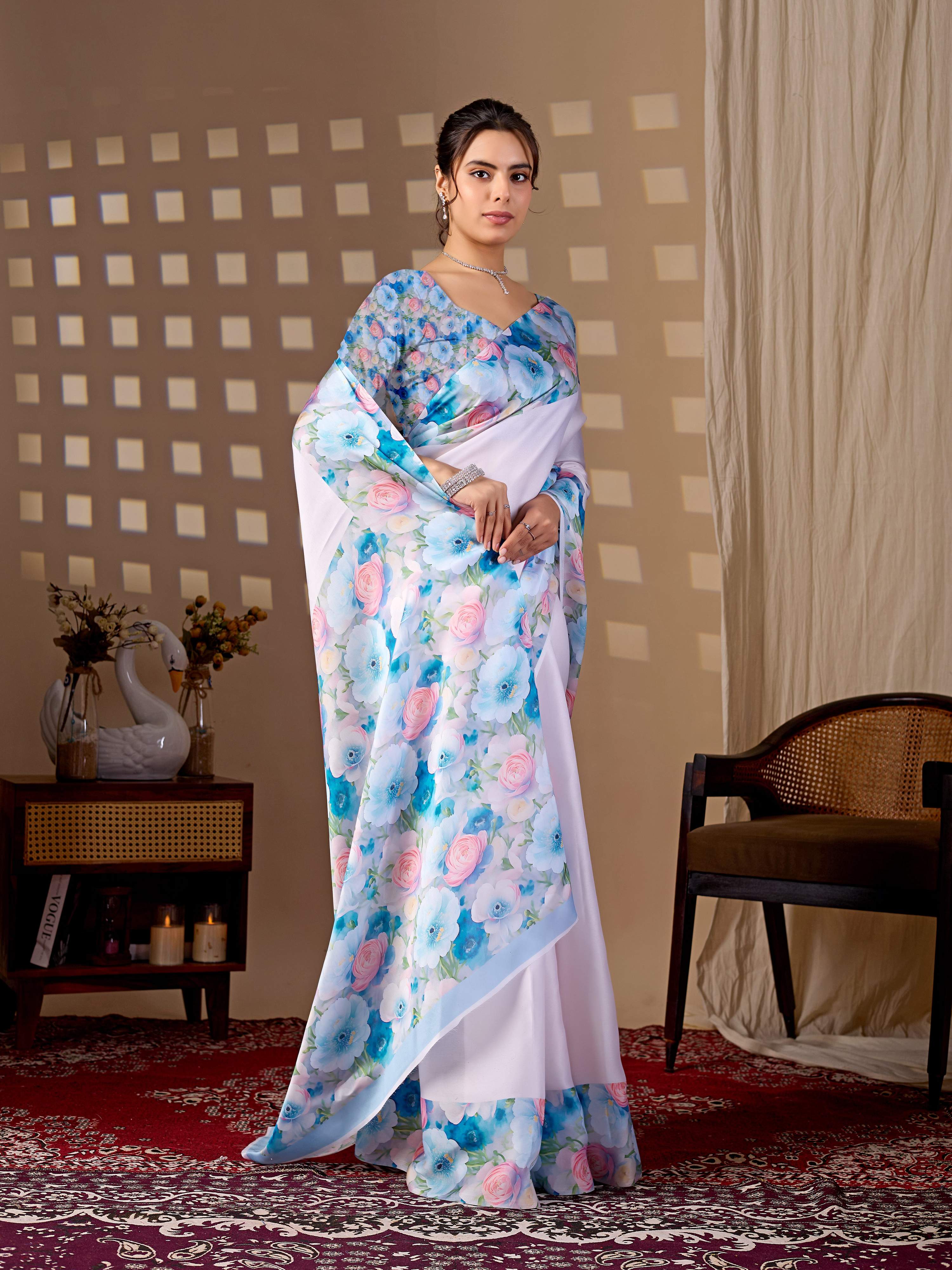 Light Pink Soft Satin Floral Digital Print Saree with Matching Blouse