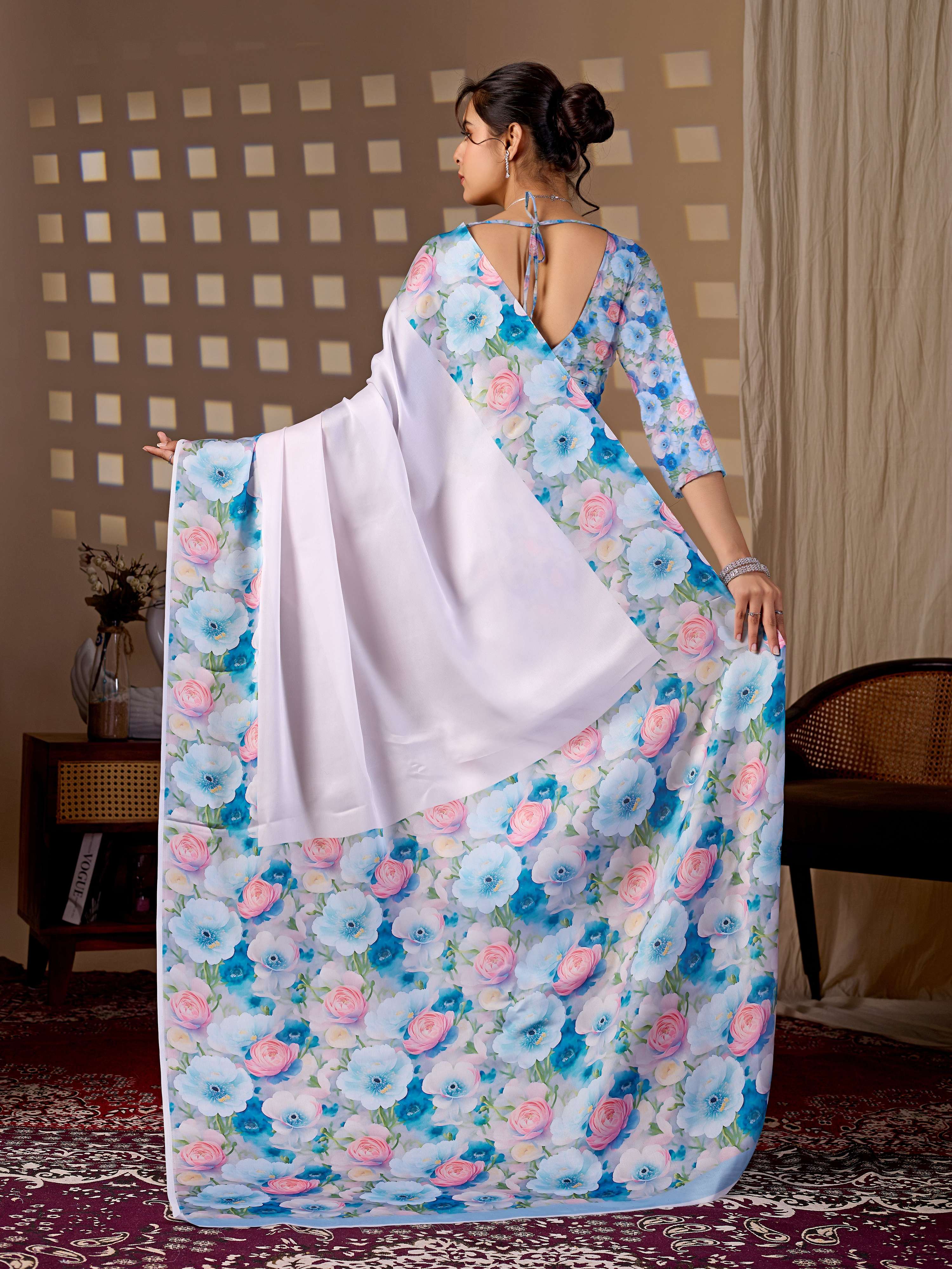 Light Pink Soft Satin Floral Digital Print Saree with Matching Blouse