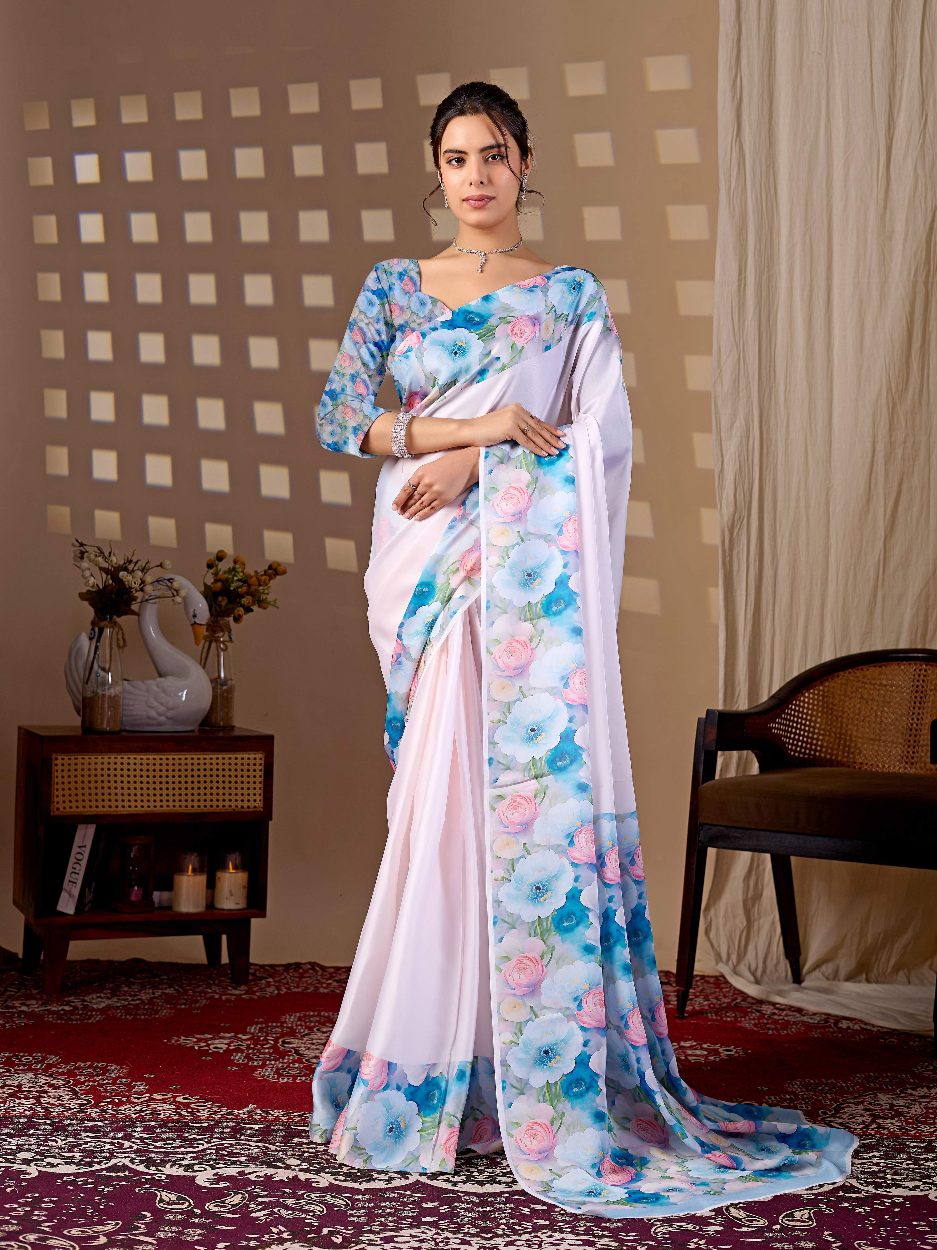 Aastha Fashion light pink soft satin saree featuring a vibrant floral digital print
