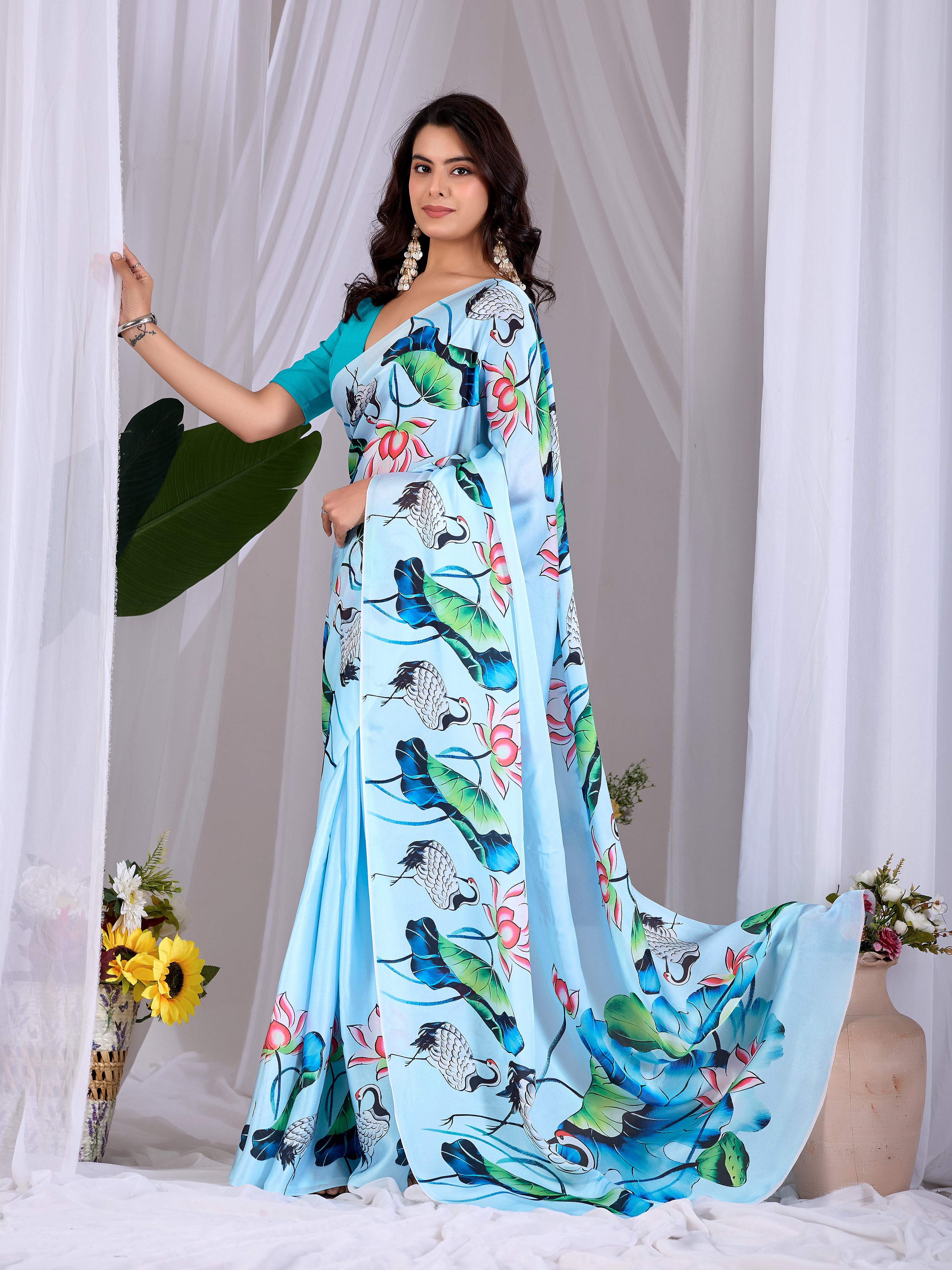 See Green Soft Satin Floral Digital Print Saree