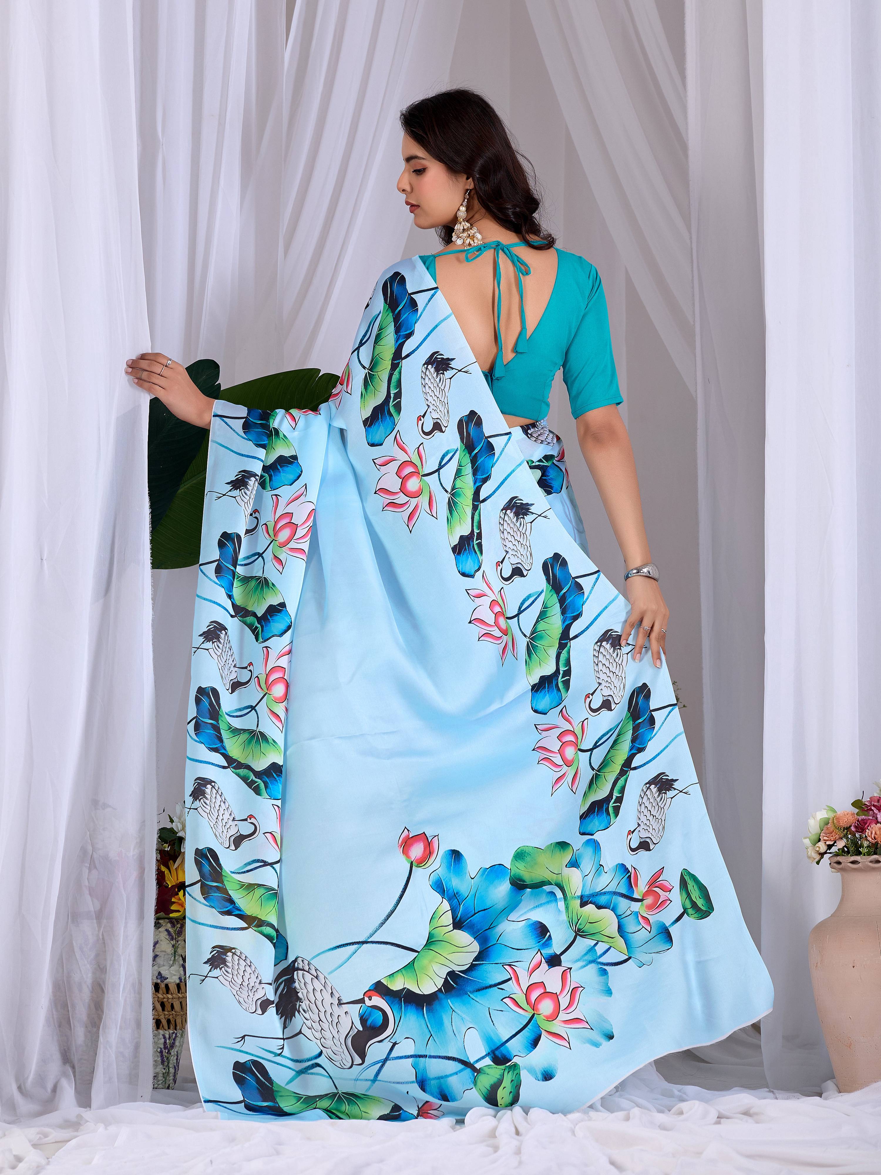 See Green Soft Satin Floral Digital Print Saree