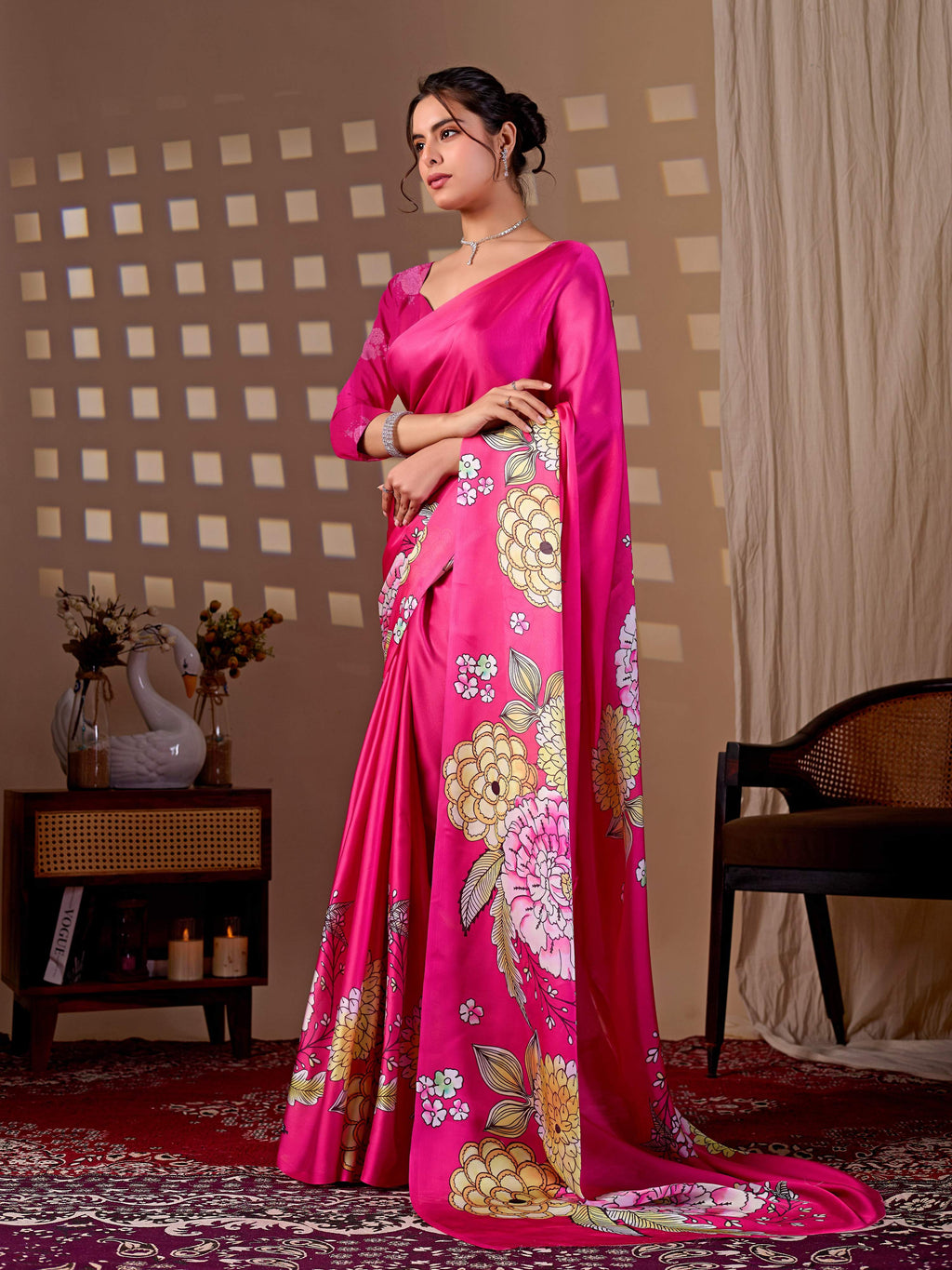 Magenta Floral Digital Print Soft Satin Saree for Women