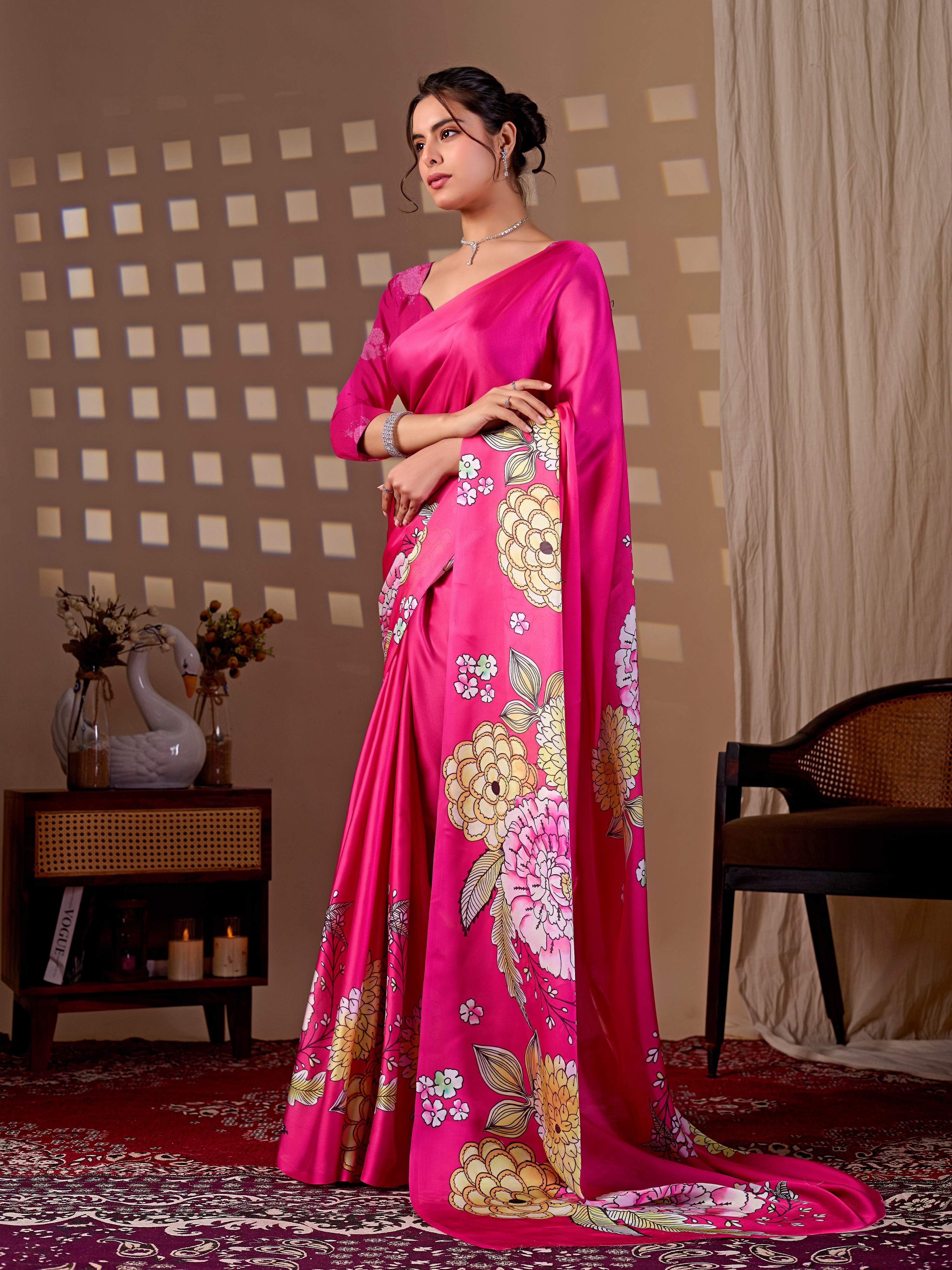 Magenta Floral Digital Print Soft Satin Saree for Women
