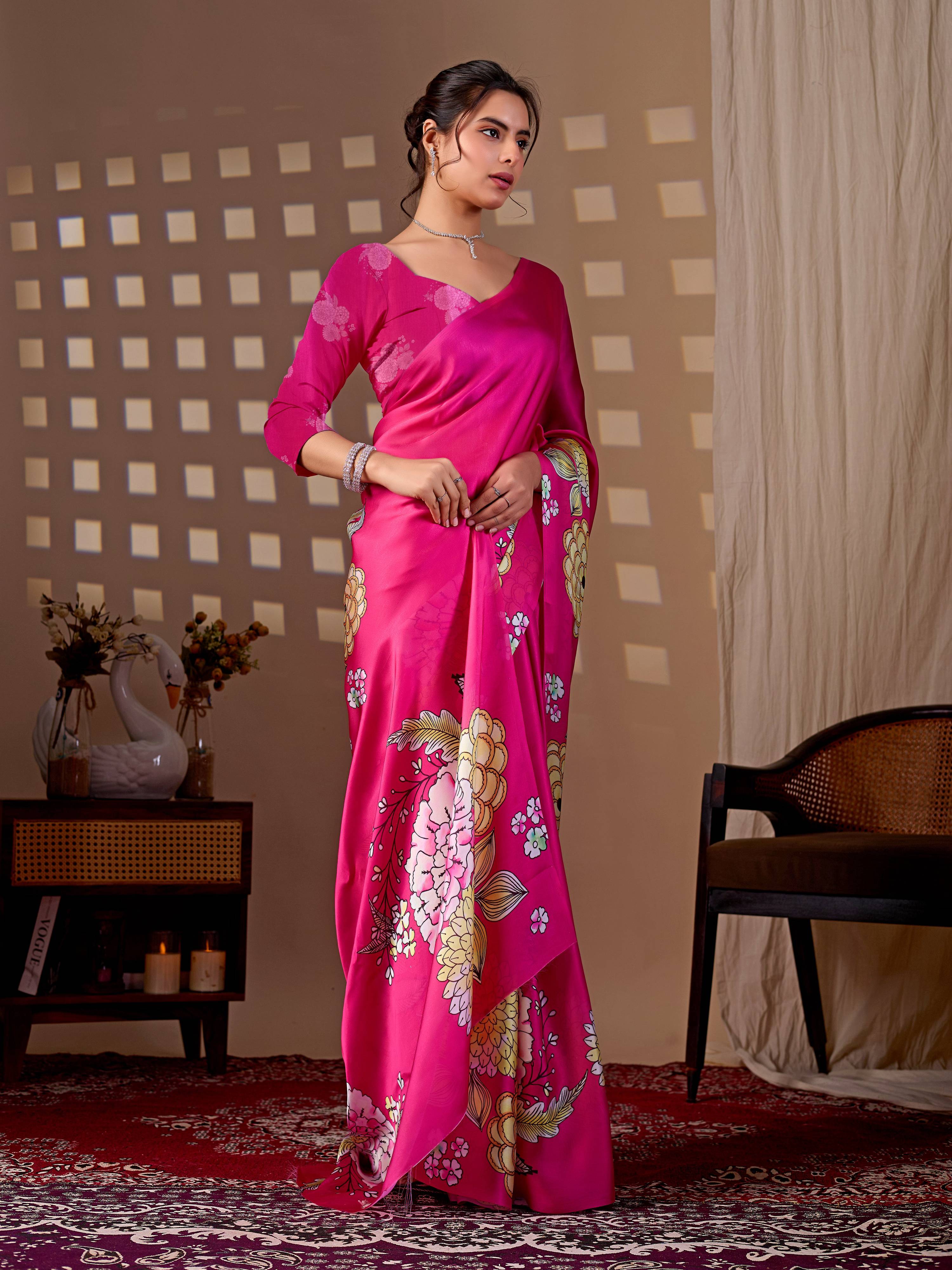 Magenta Floral Digital Print Soft Satin Saree for Women