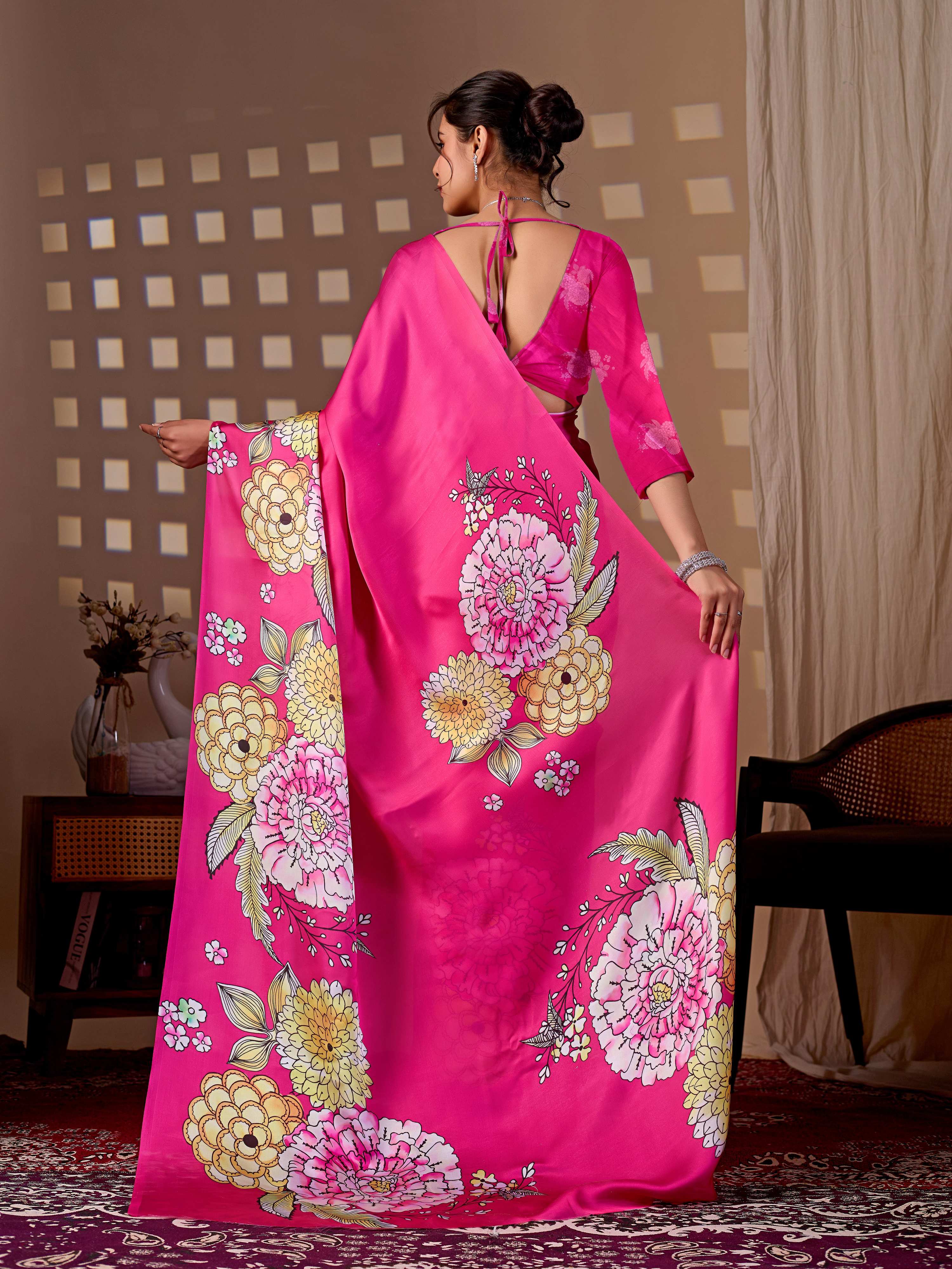 Magenta Floral Digital Print Soft Satin Saree for Women