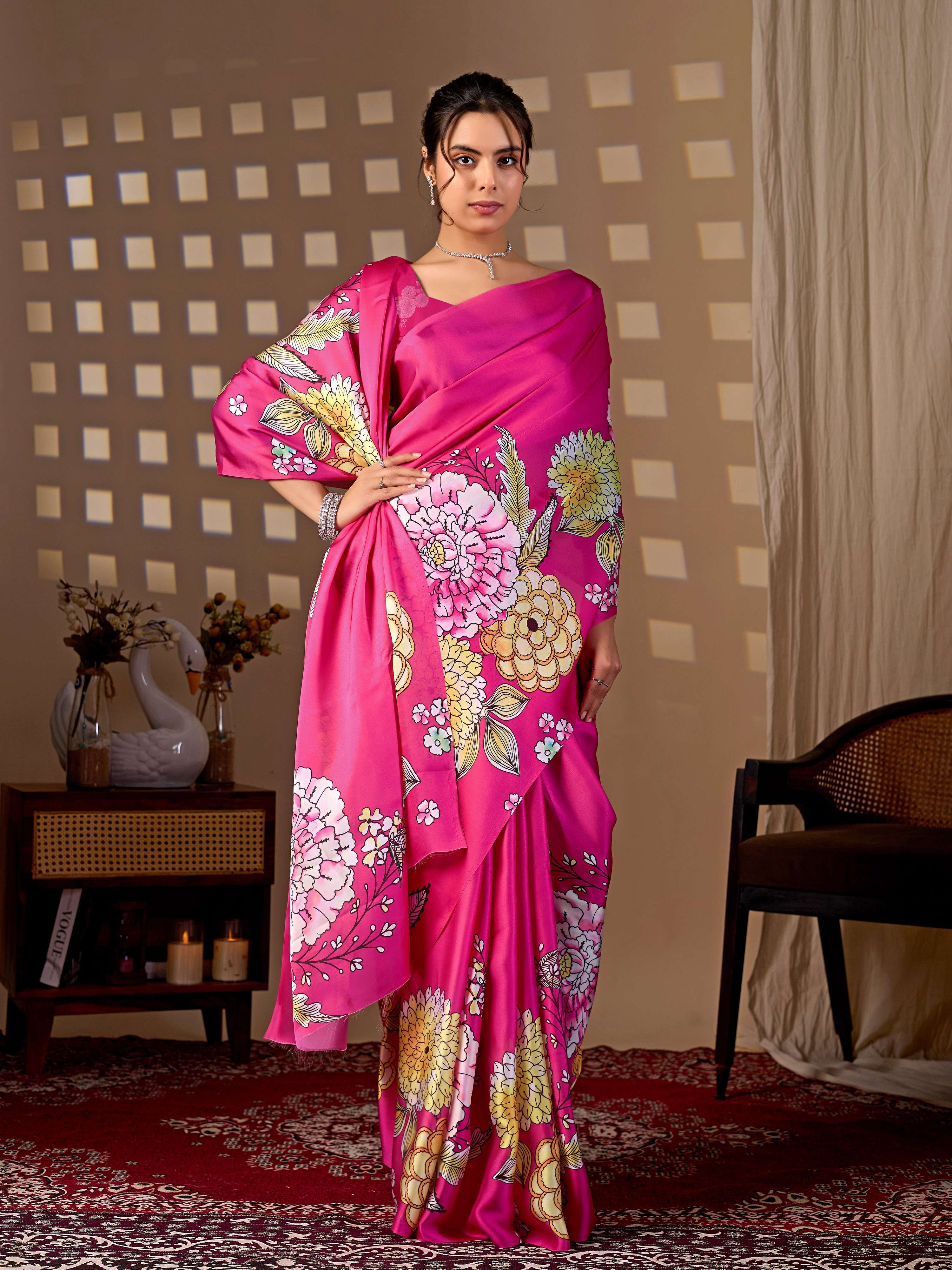 Magenta Floral Digital Print Soft Satin Saree for Women