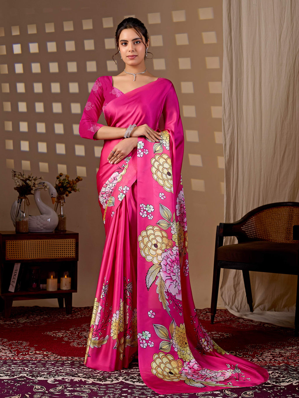 Magenta saree with floral digital print in soft satin fabric with matching blouse