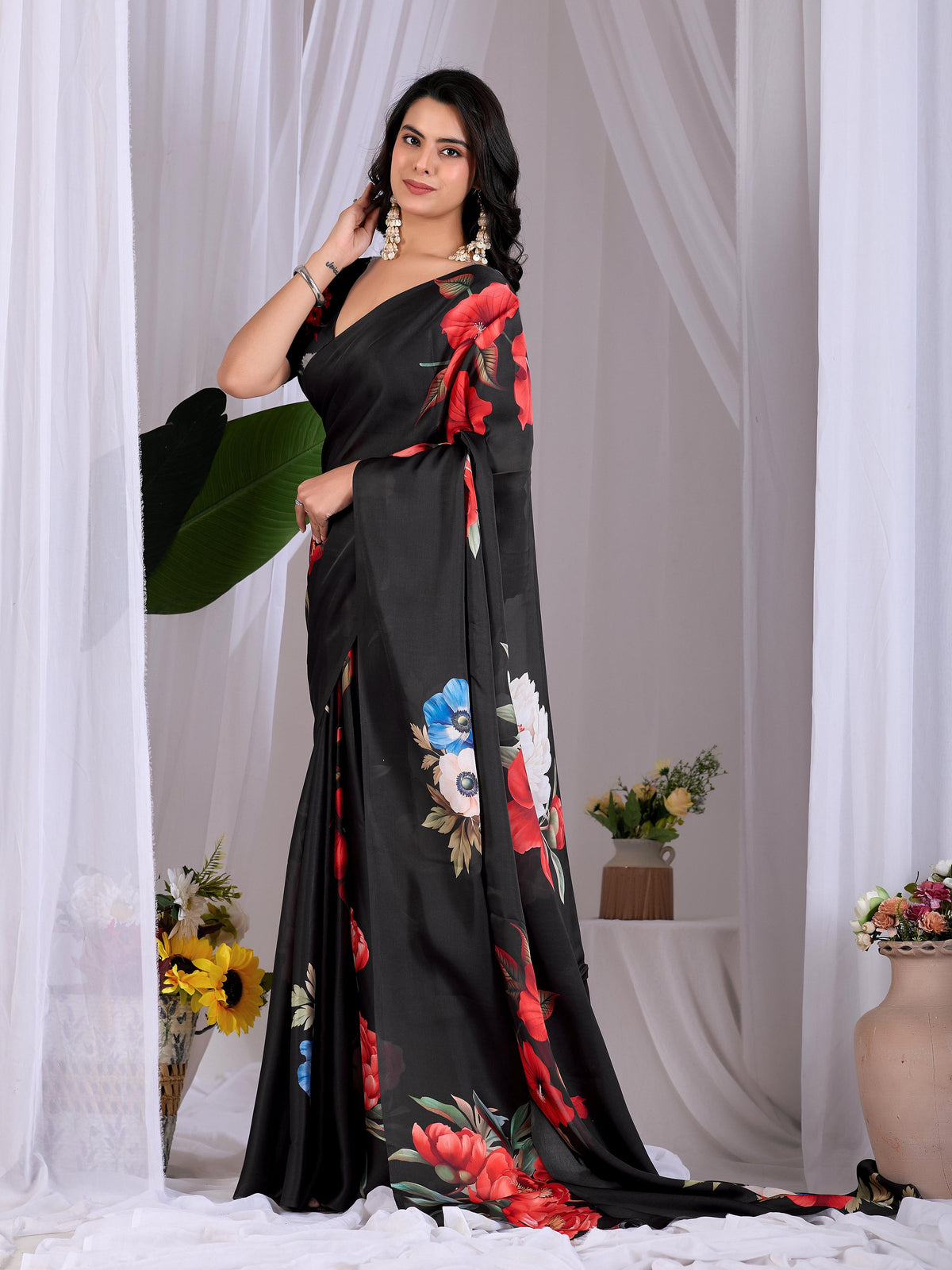 Black Soft Satin Georgette Printed Saree with Blouse Piece