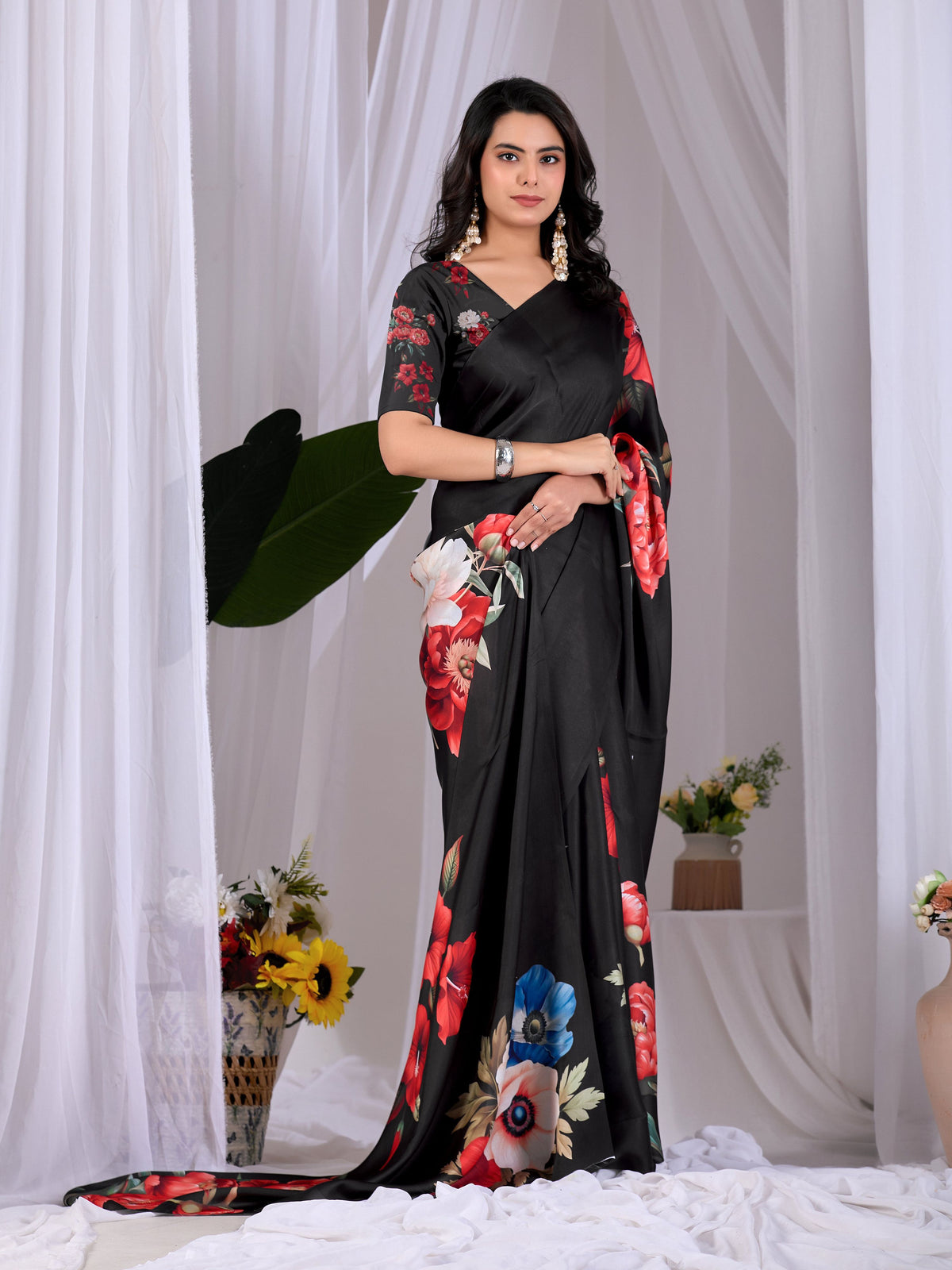 Black Soft Satin Georgette Printed Saree with Blouse Piece