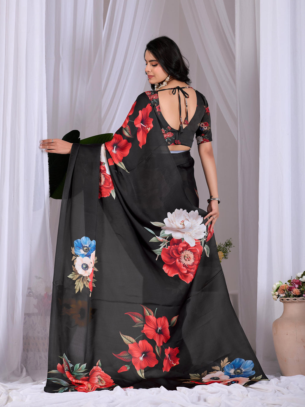 Black Soft Satin Georgette Printed Saree with Blouse Piece