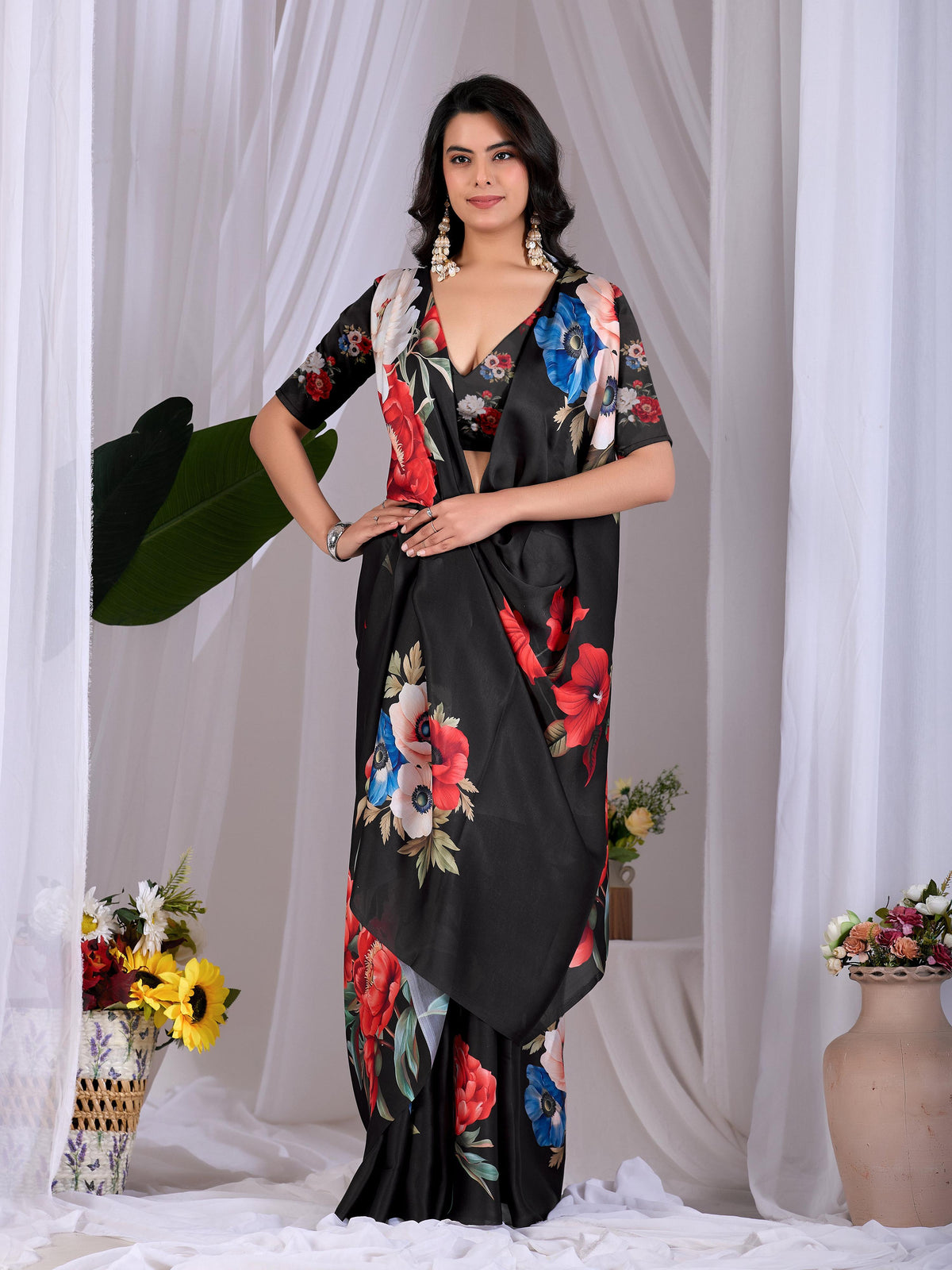 Black Soft Satin Georgette Printed Saree with Blouse Piece