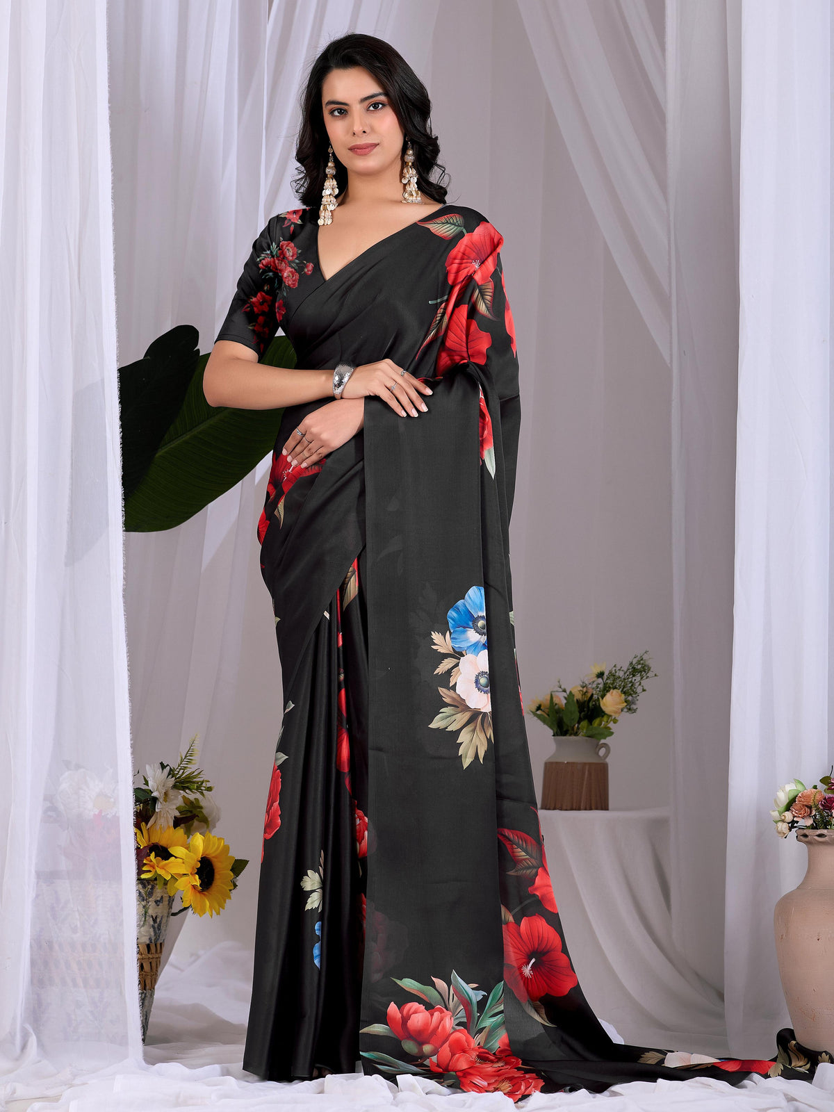 Black soft satin georgette printed saree with matching black blouse piece