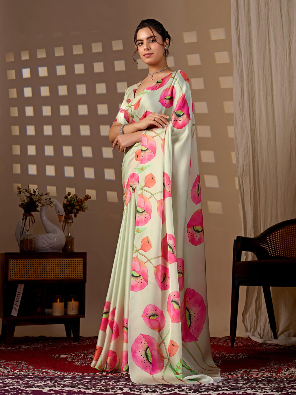 Pista Soft Satin Georgette Printed Saree with Matching Blouse