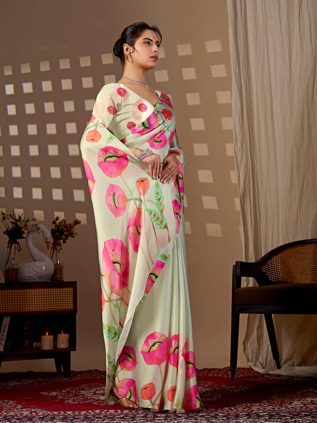 Pista Soft Satin Georgette Printed Saree with Matching Blouse