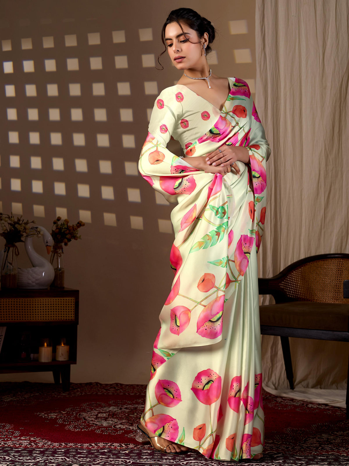 Pista Soft Satin Georgette Printed Saree with Matching Blouse