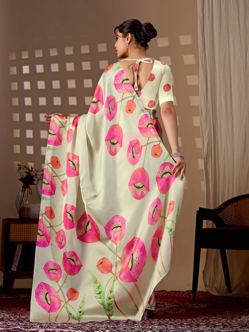 Pista Soft Satin Georgette Printed Saree with Matching Blouse