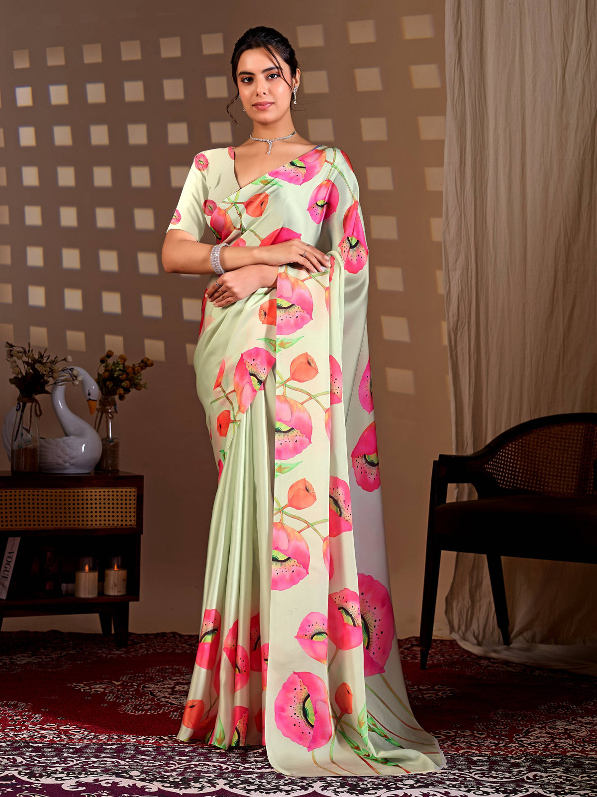Aastha Fashion Pista color soft satin georgette printed saree with matching blouse piece