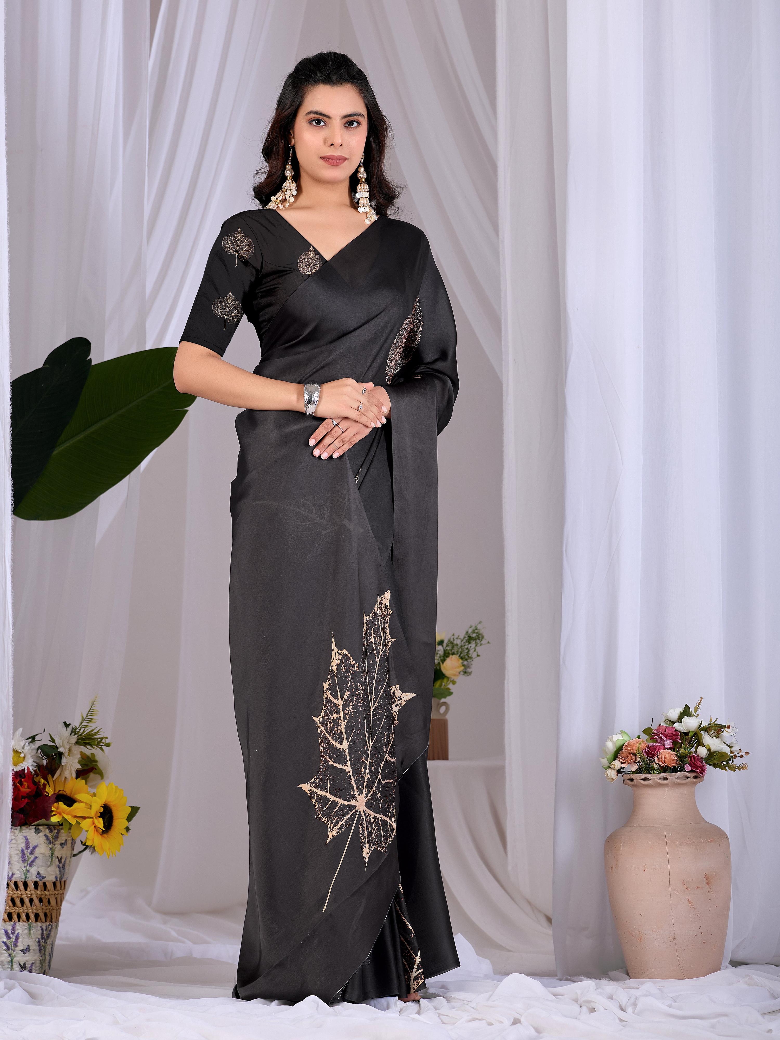 Black Soft Satin Georgette Printed Saree with Matching Blouse
