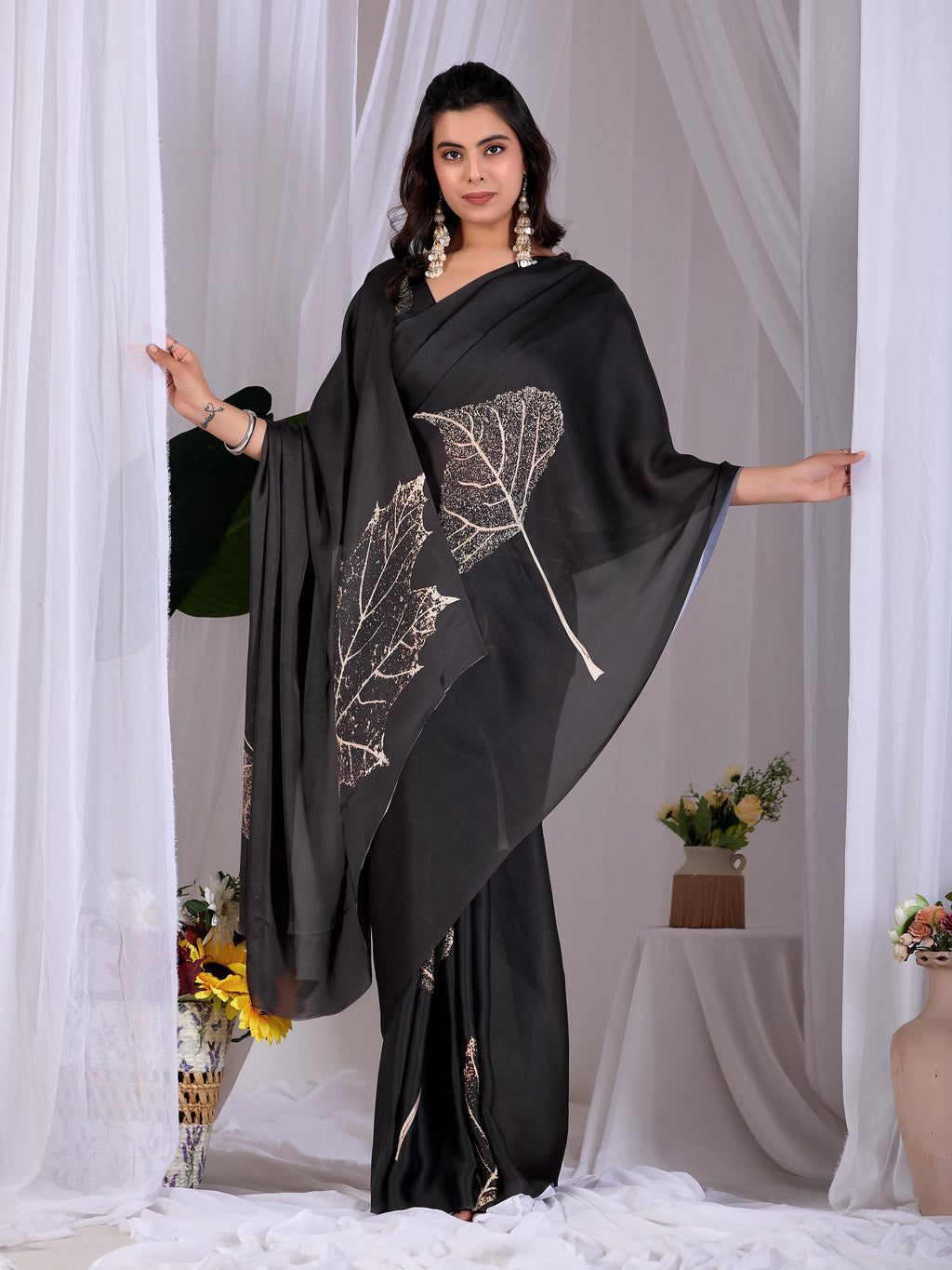 Black Soft Satin Georgette Printed Saree with Matching Blouse