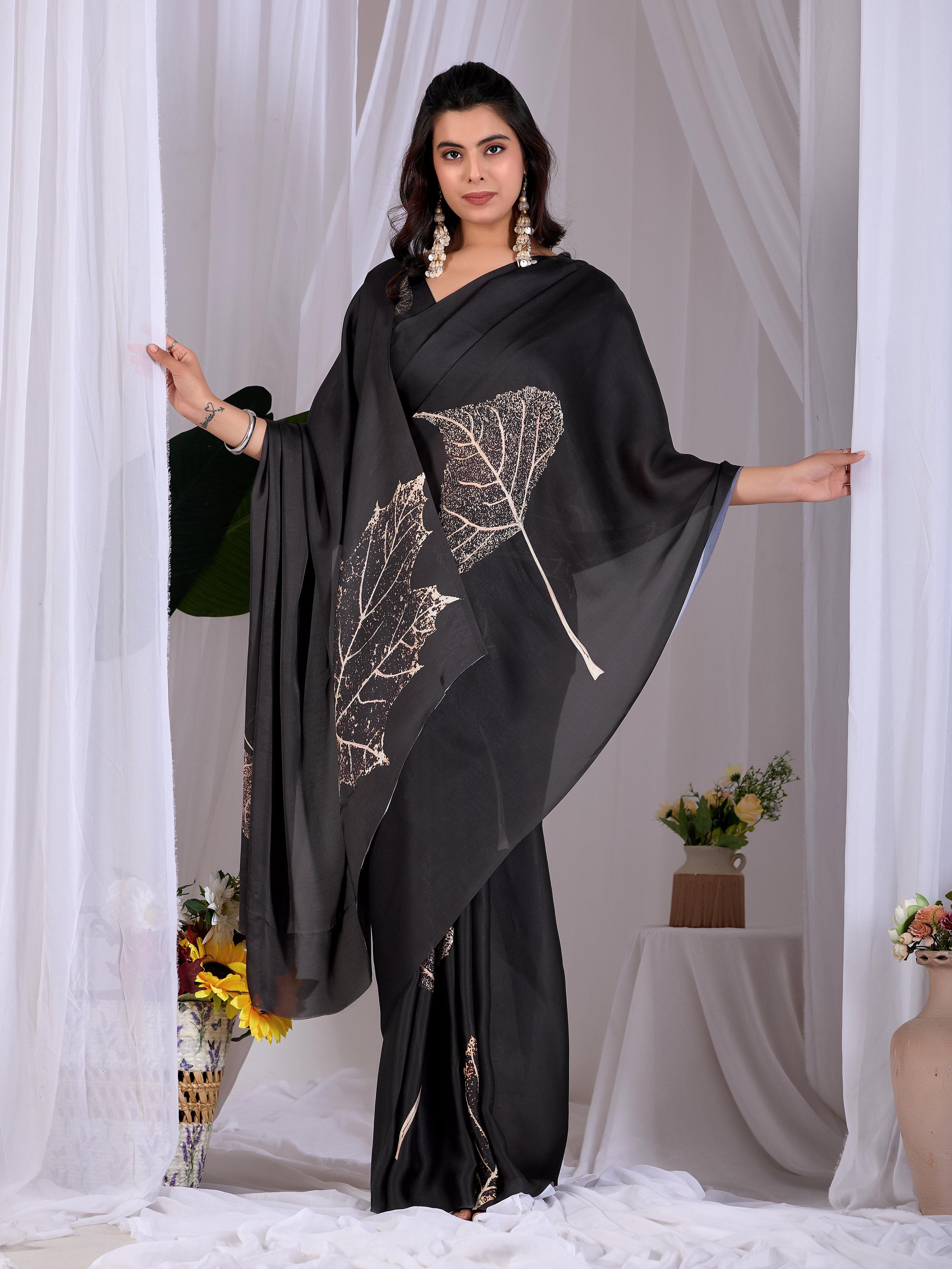 Black Soft Satin Georgette Printed Saree with Matching Blouse