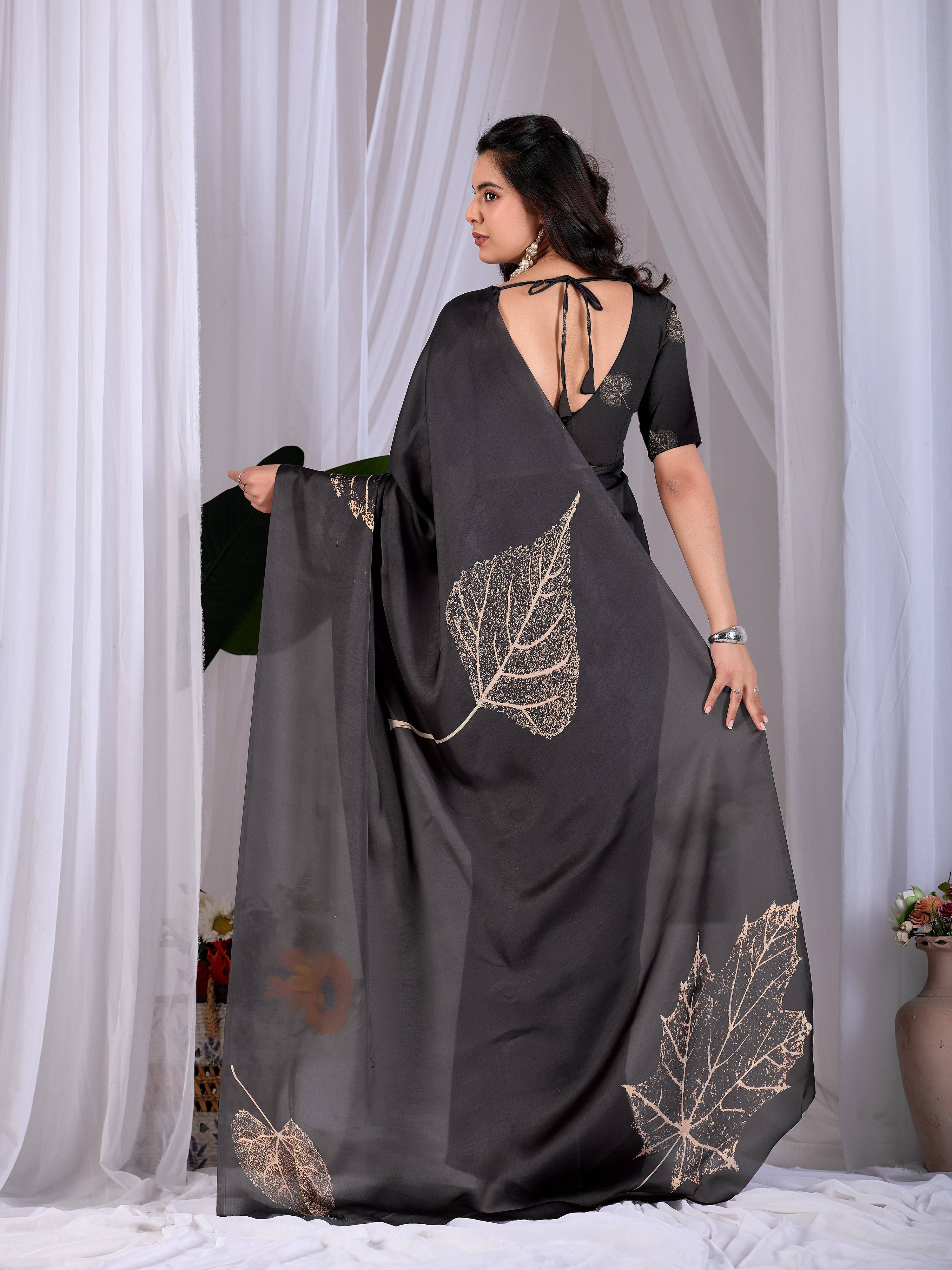 Black Soft Satin Georgette Printed Saree with Matching Blouse
