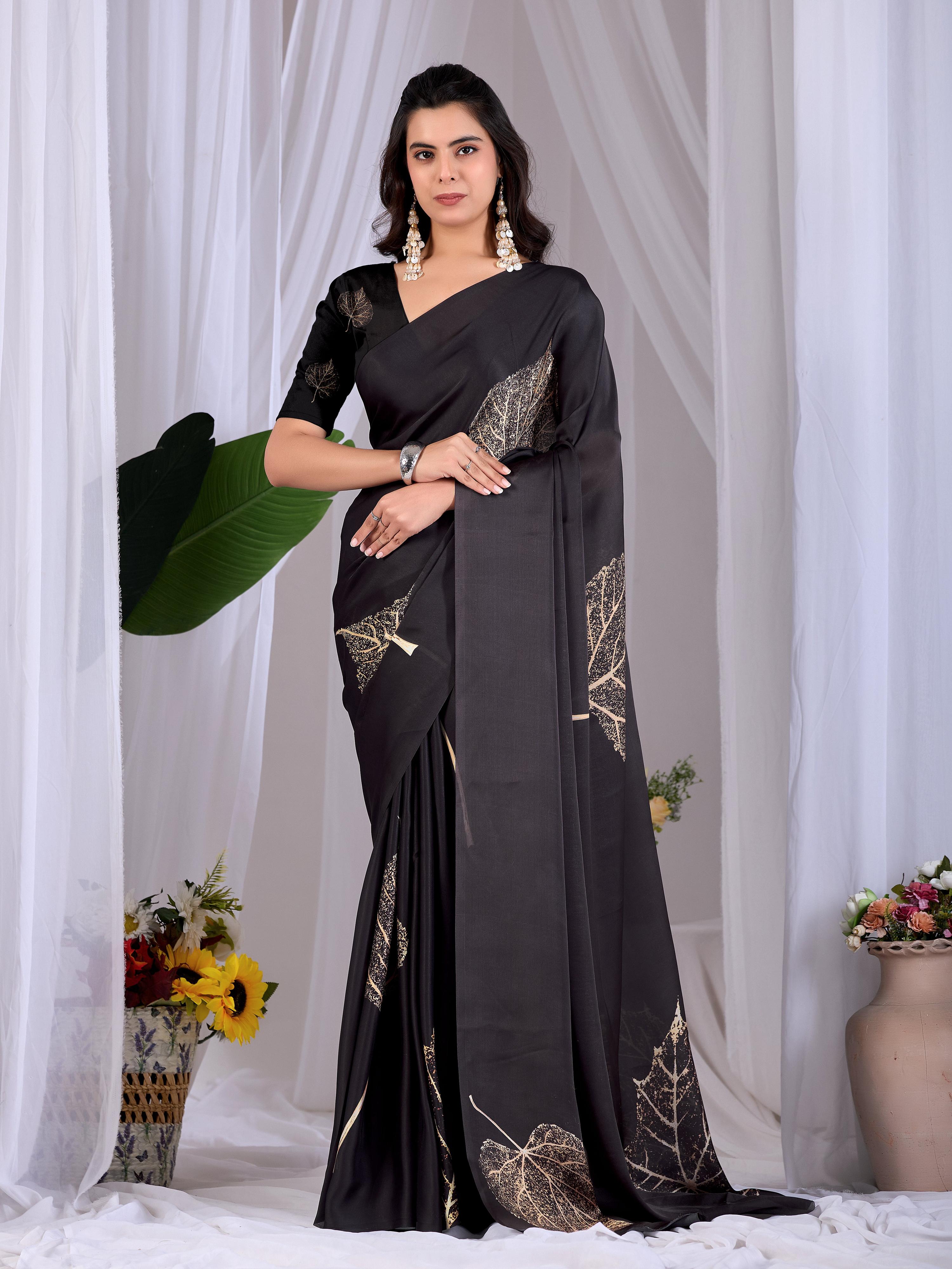Black Soft Satin Georgette Printed Saree with Matching Blouse