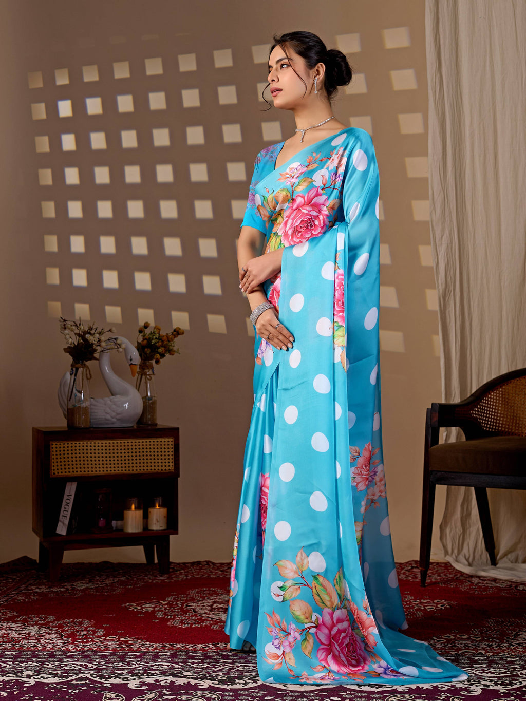 Sky Blue Soft Satin Georgette Printed Saree