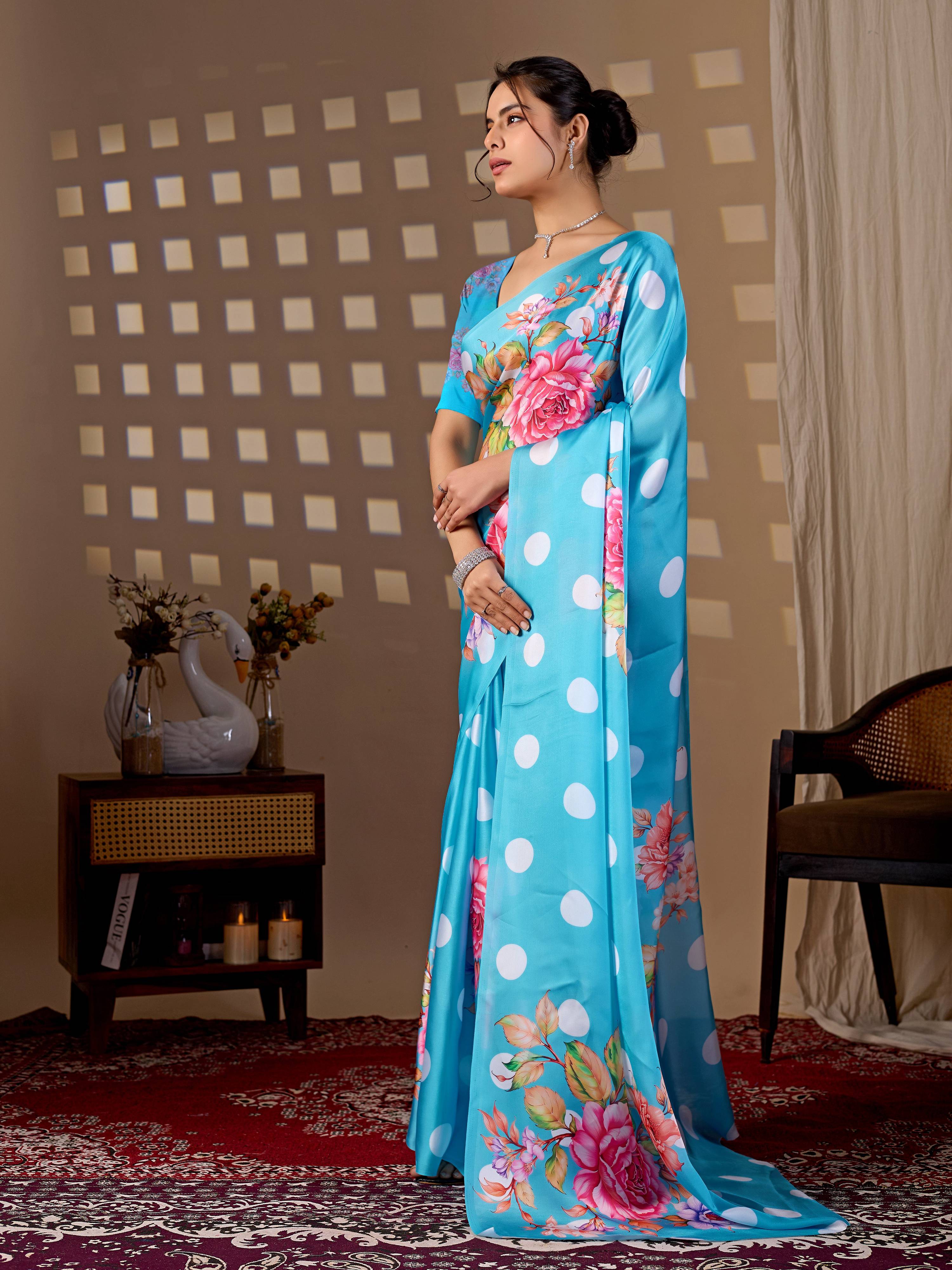 Sky Blue Soft Satin Georgette Printed Saree