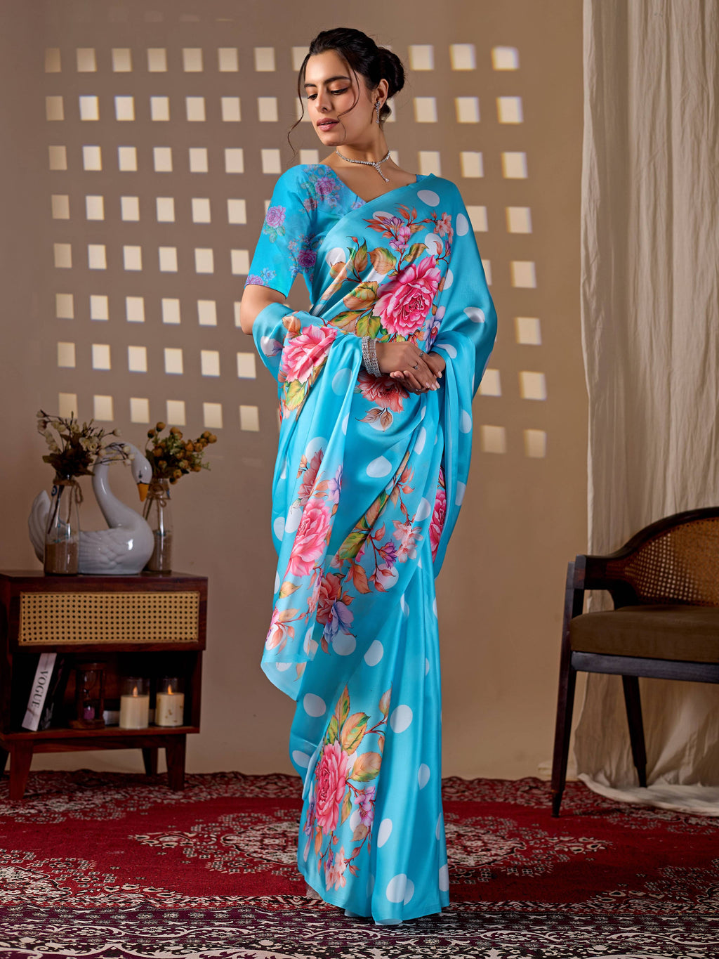 Sky blue soft satin georgette printed saree with matching blouse