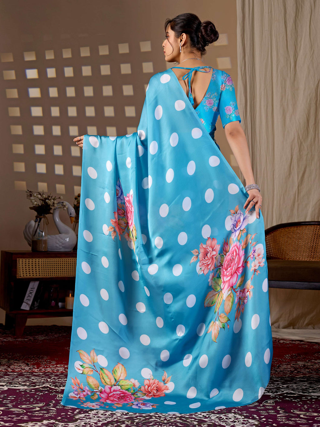 Sky Blue Soft Satin Georgette Printed Saree