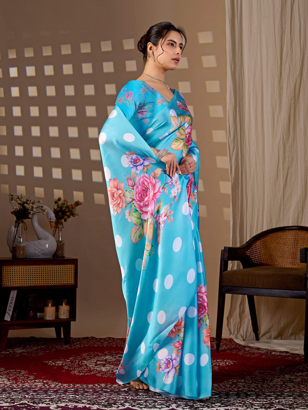 Sky Blue Soft Satin Georgette Printed Saree