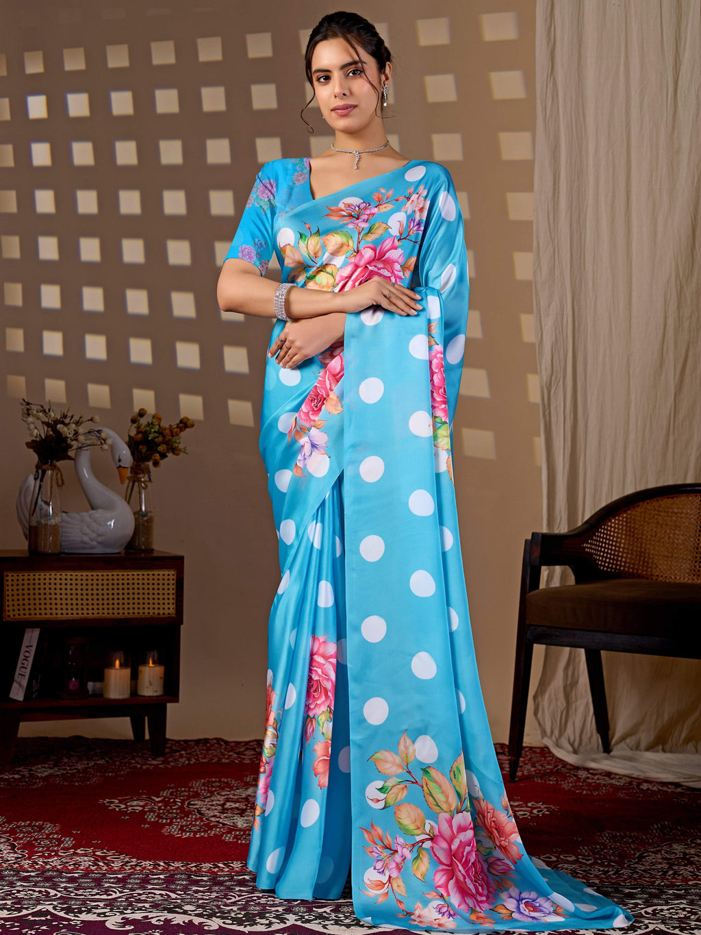 Sky Blue Soft Satin Georgette Printed Saree
