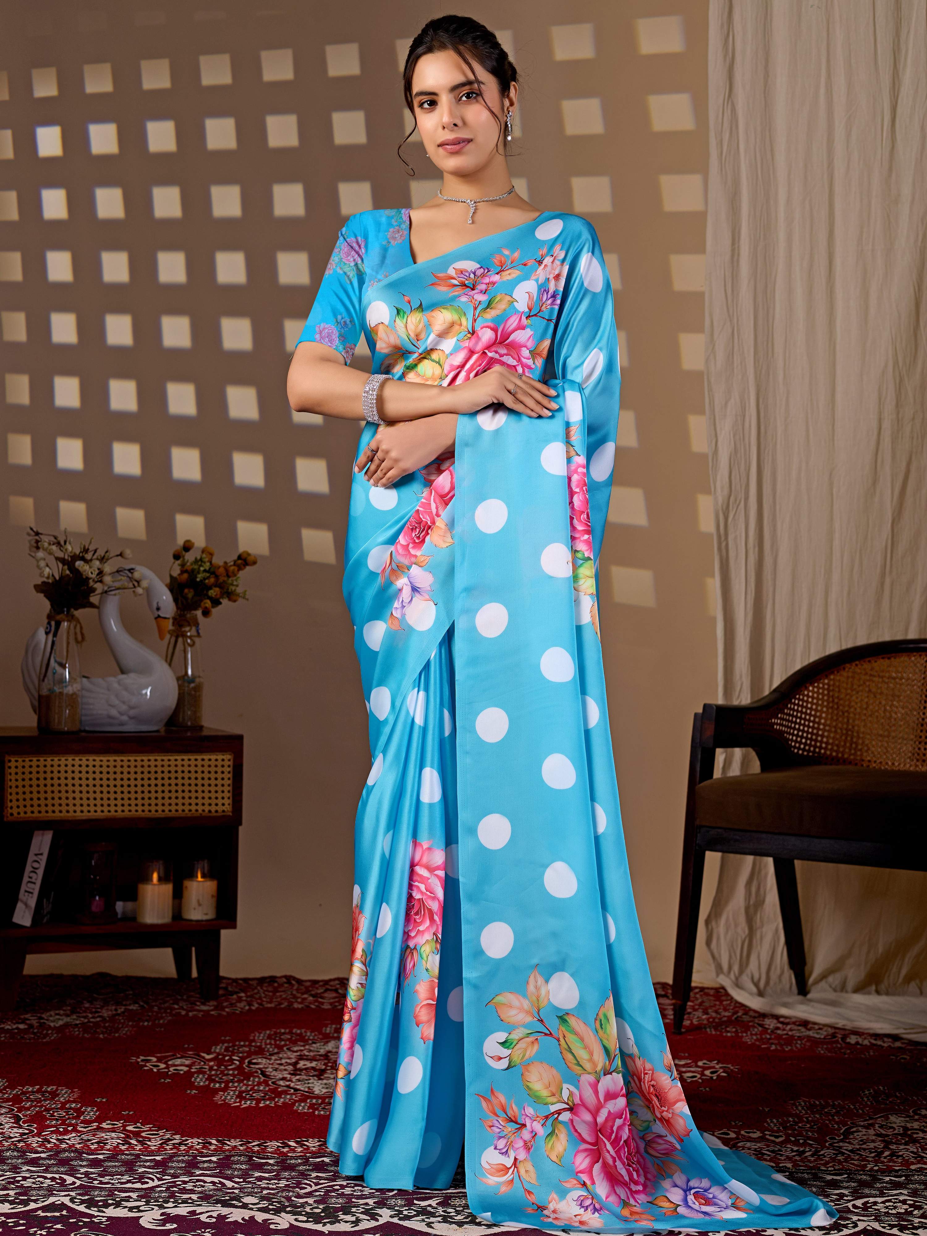 Sky Blue Soft Satin Georgette Printed Saree